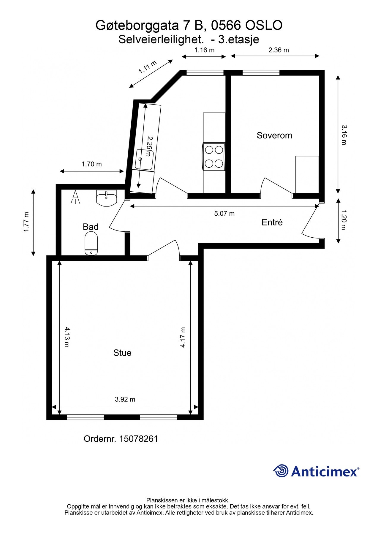 Plantegning 3. etasje. I tillegg disponerer leiligheten to kjellerboder på ca. 3m² og 2m². Galleribilde