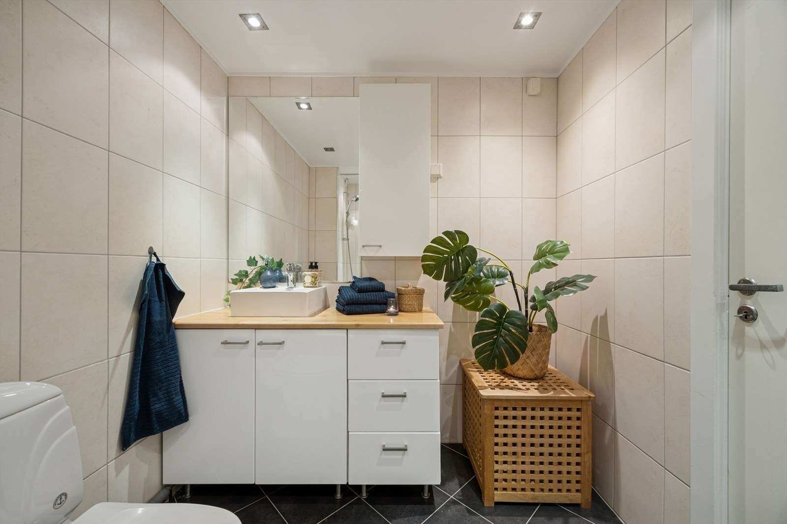 Innredningen er bestående av heltre benkeplate med toppmontert servant, underskap og overskap med høyglans fronter, speil, innmurt badekar med dusj og forheng, frittstående toalett og opplegg for vaskemaskin. Galleribilde