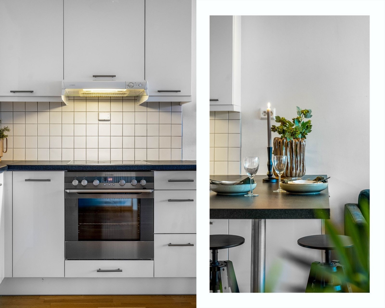 Innredningen har integrerte hvitevarer som oppvaskmaskin, platetopp og ovn samt frittstående kjøleskap/fryser. Galleribilde