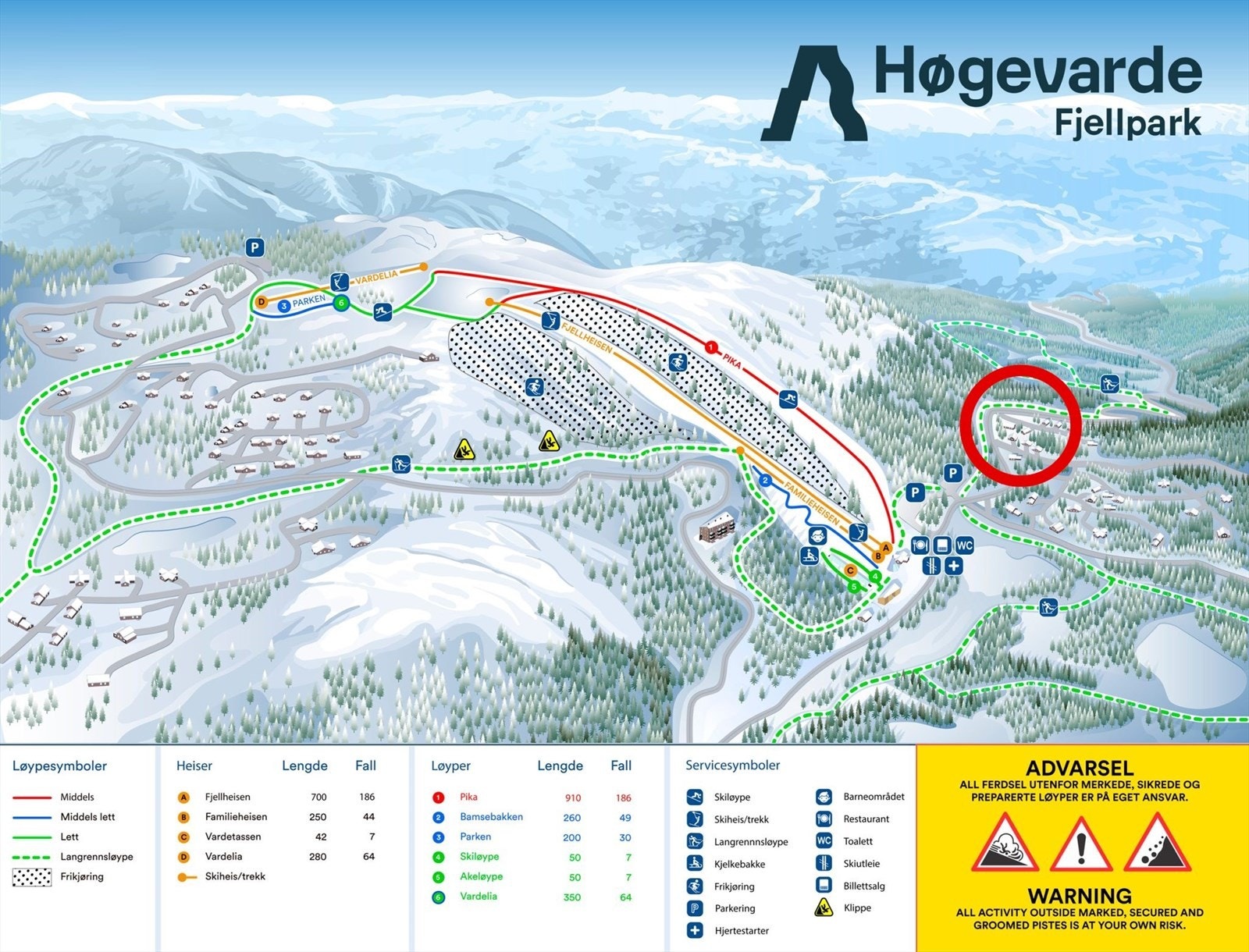 Alpinkart over Høgevarde fjellpark (hytten ligger det røde feltet) Galleribilde