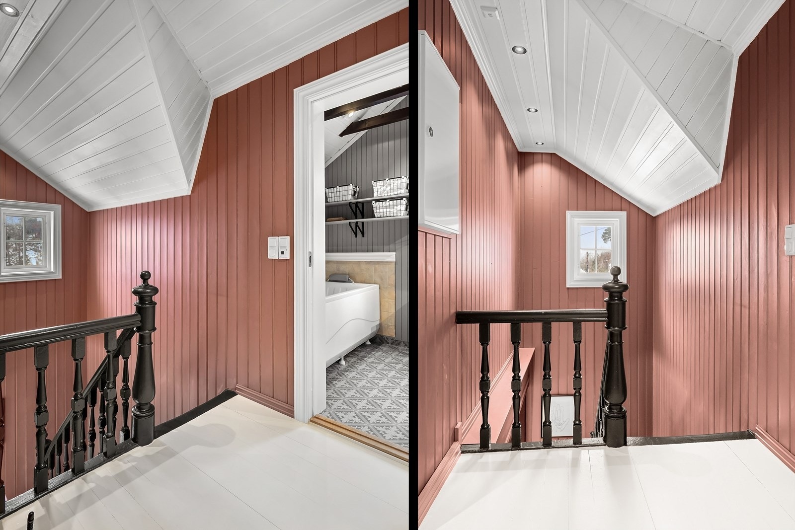 I trappeoppgangen er det god takhøyde. Etasjen ble etterisolert med 10 cm i reisverk, 15 cm i skråtak og 15 cm i himling ved renoveringen i 1999-2000. Galleribilde