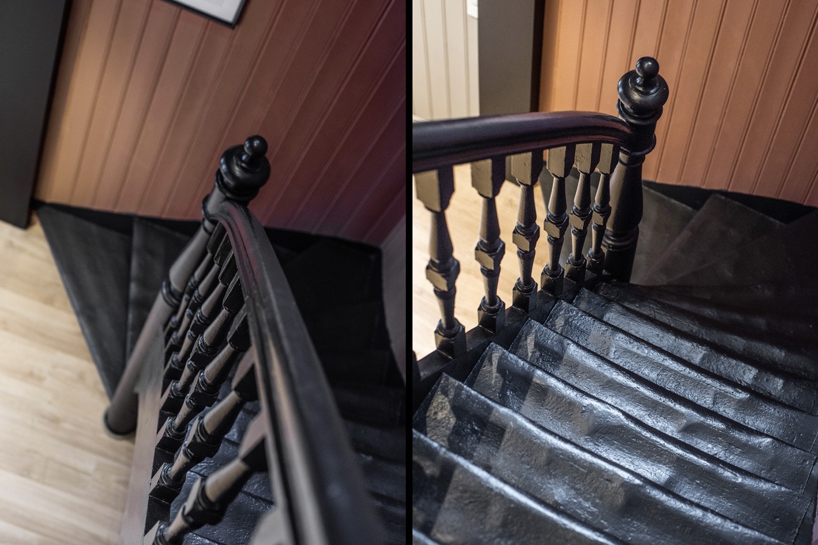 En flott, bevart trapp fører opp til øvre etasje. Trappen understreker boligens preg, med dreide spiler og mørk utførelse. Galleribilde