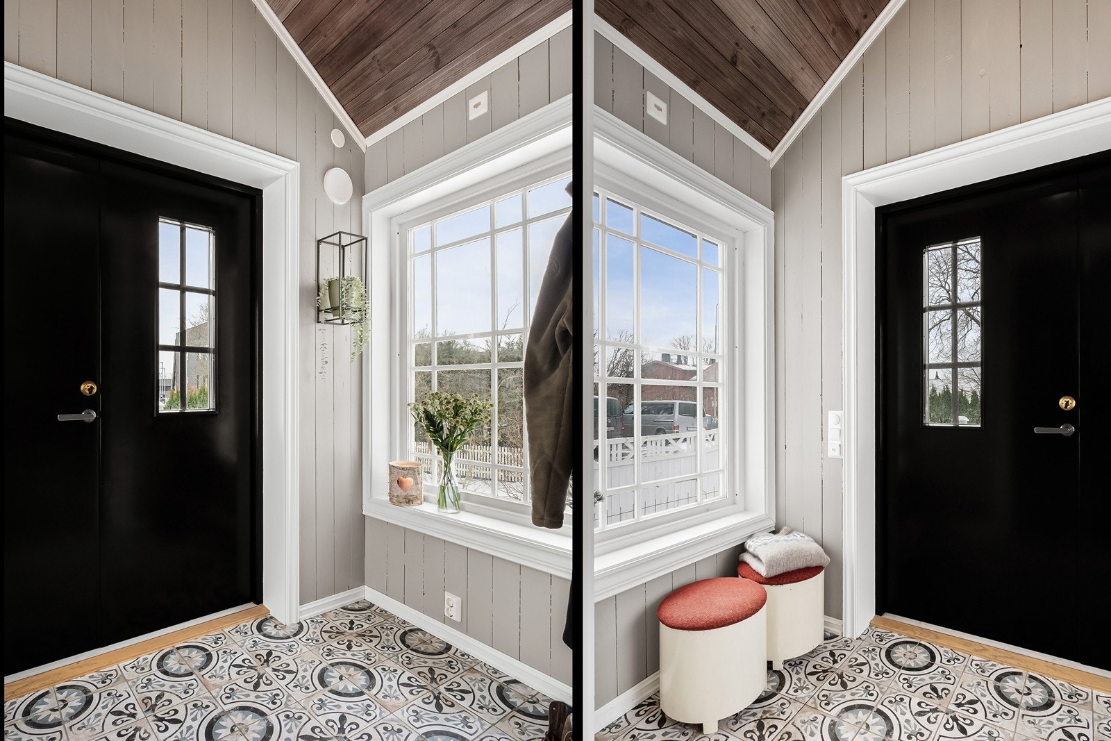 Allerede ved første møte får man en forsmak på boligens stil og særpreg. Inngangspartiet har god takhøyde, mønstret fliser med varme, panelkledde vegger og skrått tretak. Galleribilde