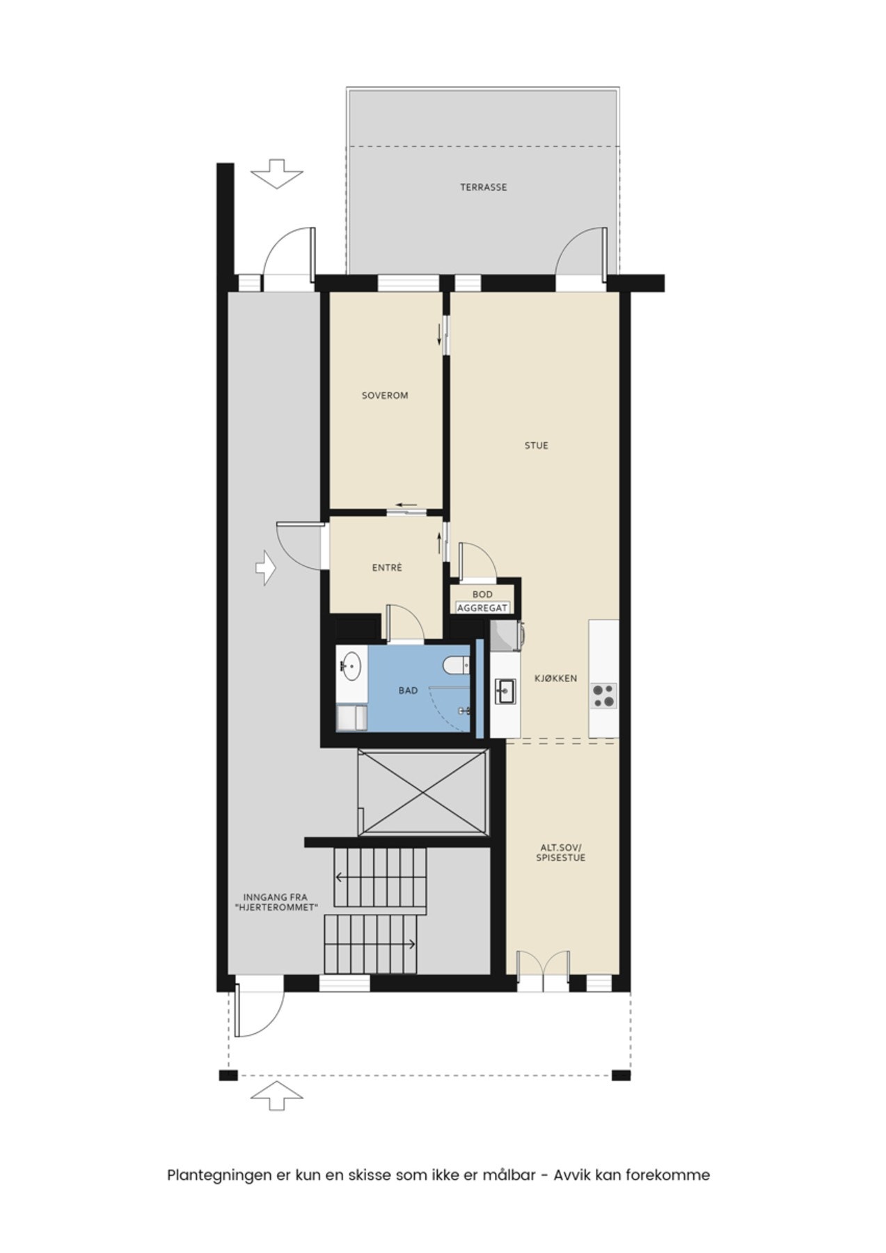 Plantegning slik leiligheten er nå med et soverom Galleribilde