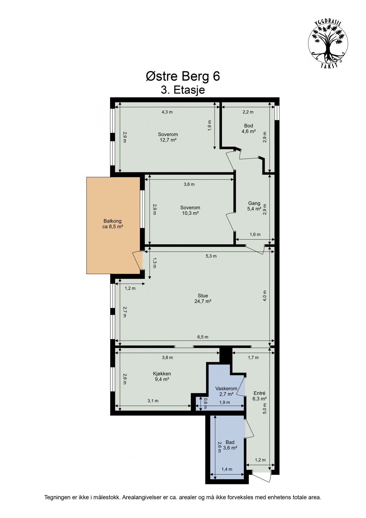 Planskisse 3 etasje. Legg merke til den romslige boden ved soverommene. Denne er benyttet som hjemmekontor av selger Galleribilde