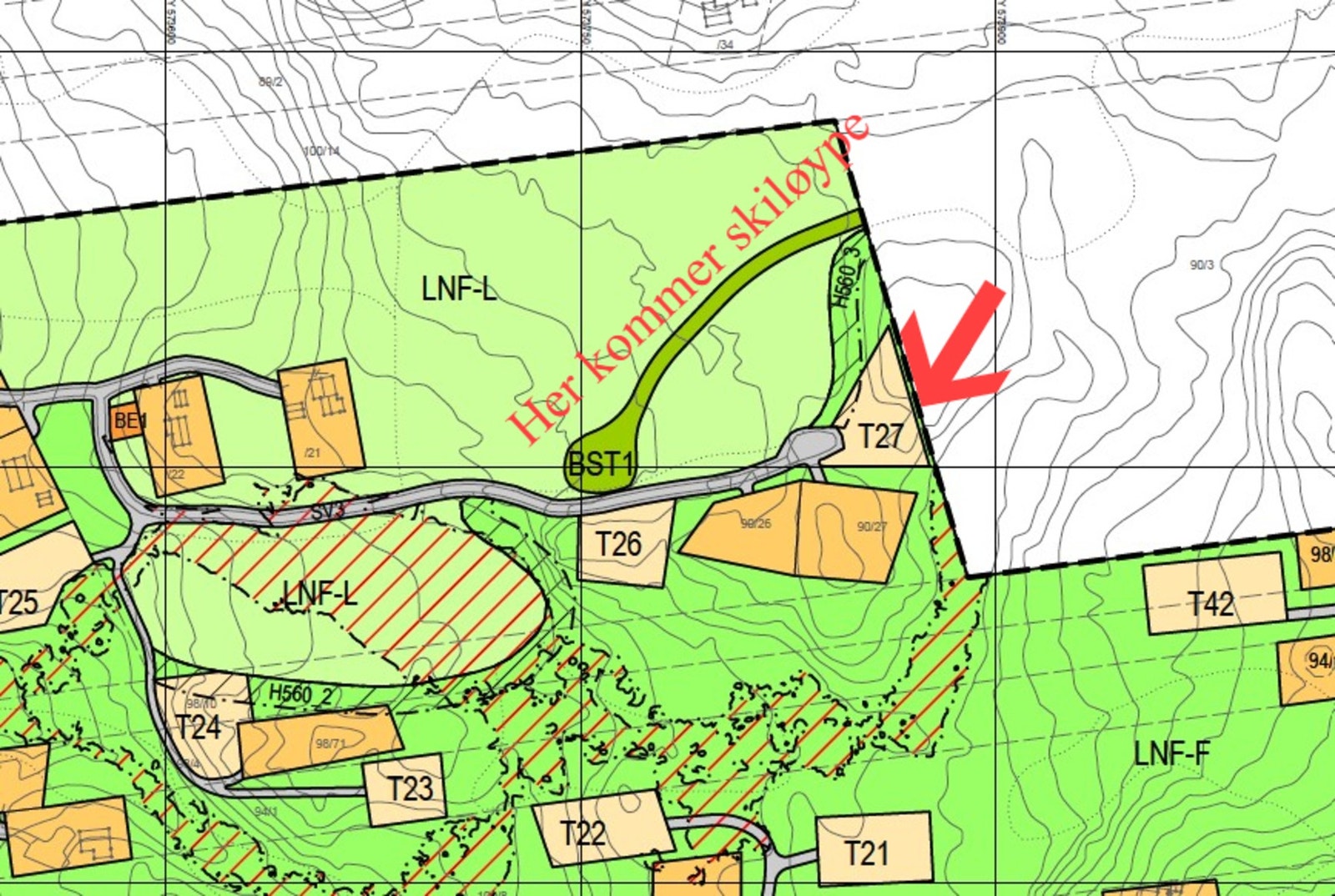Aktuell tomt markert. Skiløypene er planlagt rett ved hytta Galleribilde