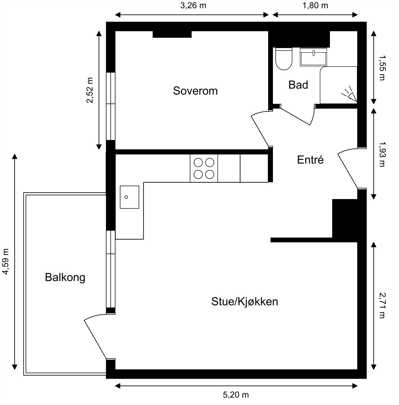 Planløsning. Leiligheten disponerer også en kjellerbod og en loftsbod Galleribilde