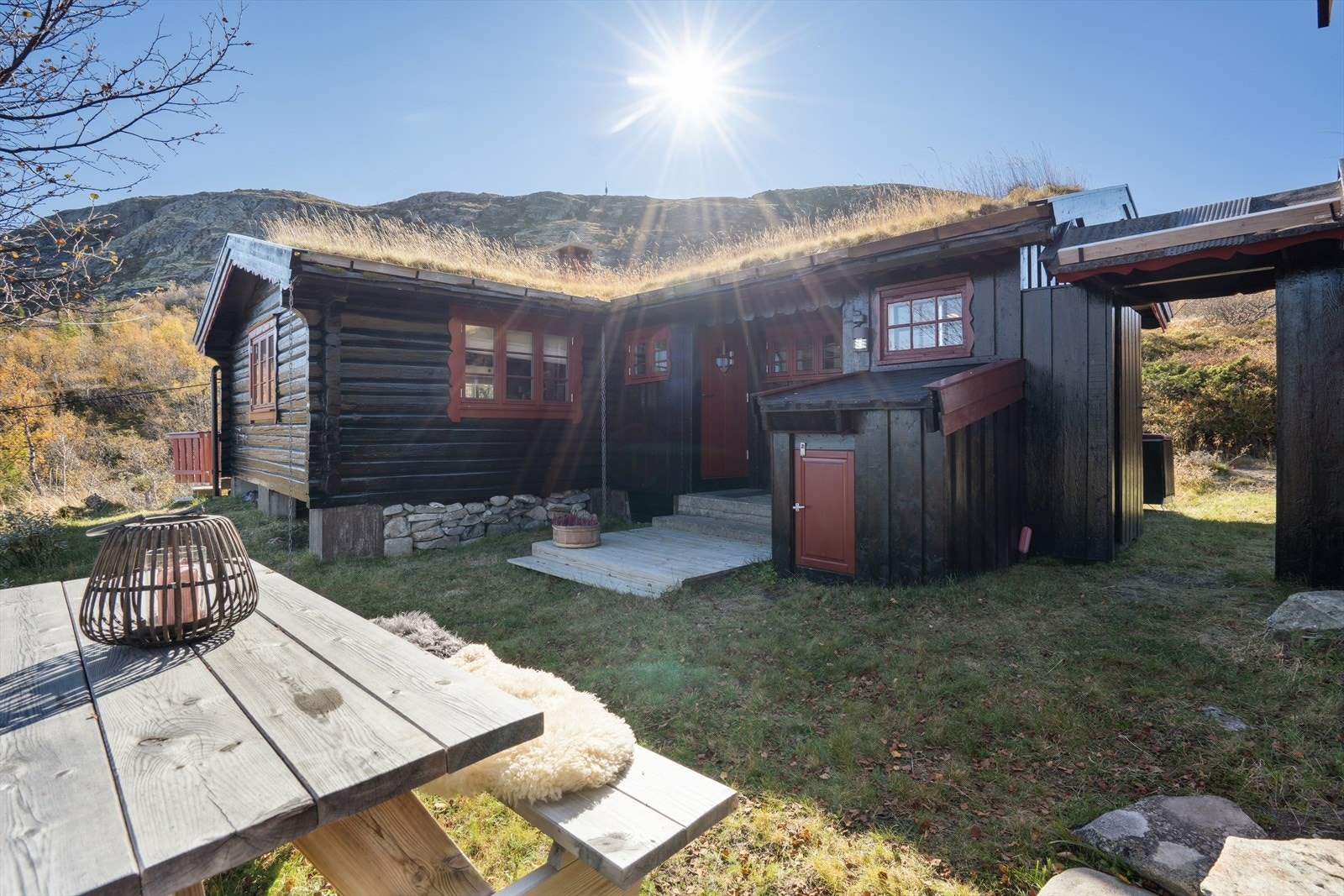 Tomten er en naturtomt tilvokst med gress og lyng. Det er sommervei inn til hytta med gruset parkeringsplass Galleribilde