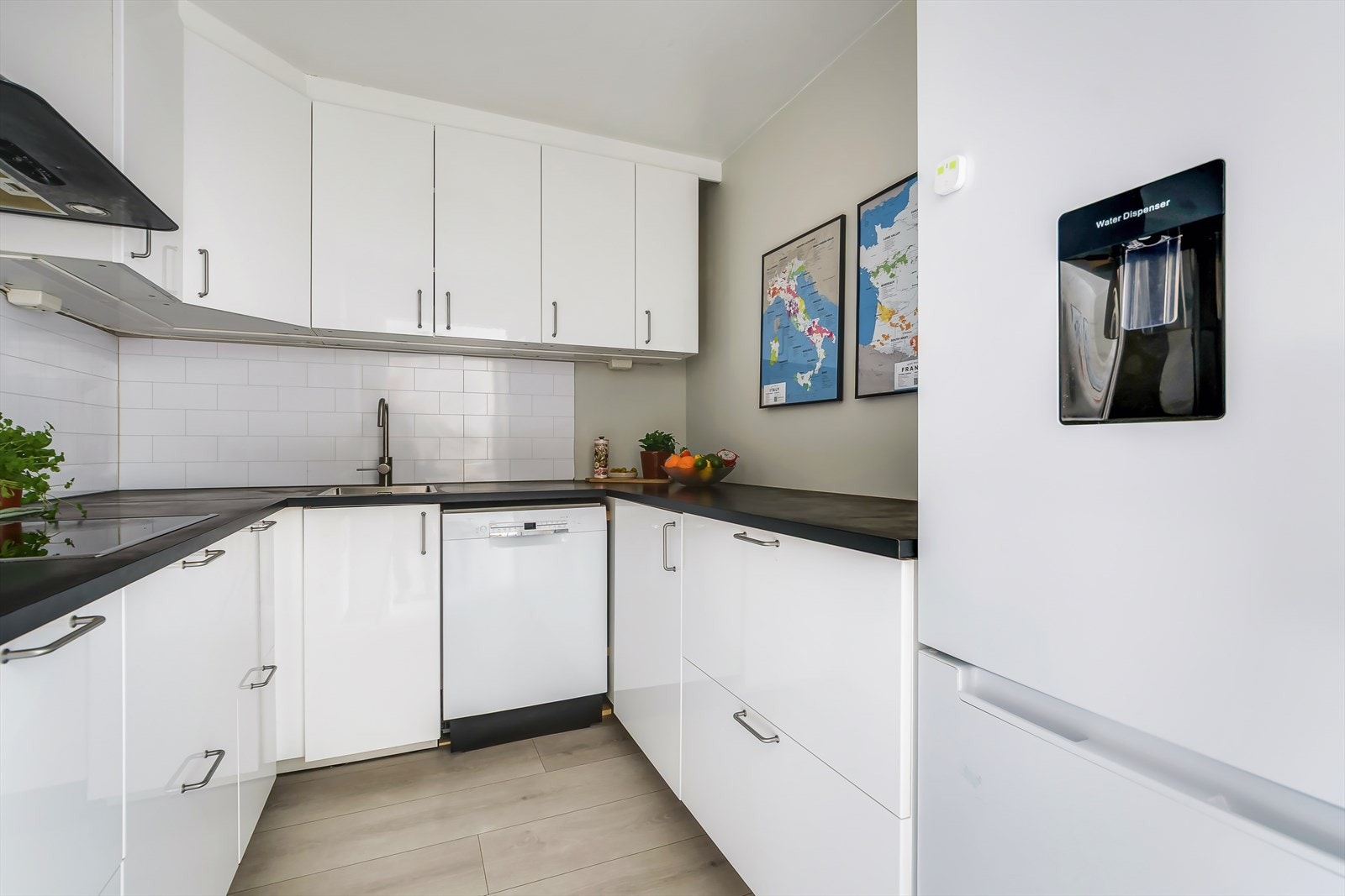 Hvitevarer har plass i egne nisjer, herunder oppvaskmaskin og kjøleskap. Komfyr og induksjonstopp er integrert. Galleribilde