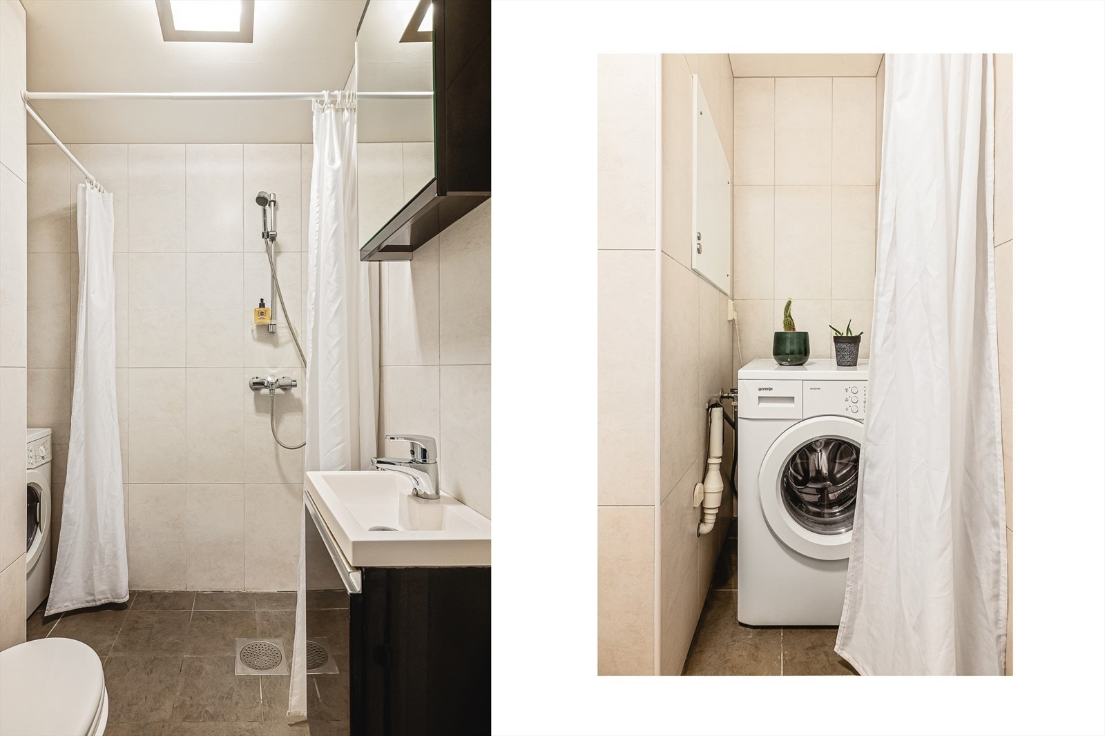 Klassisk bad med varme i gulv og opplegg for vaskemaskin. Galleribilde