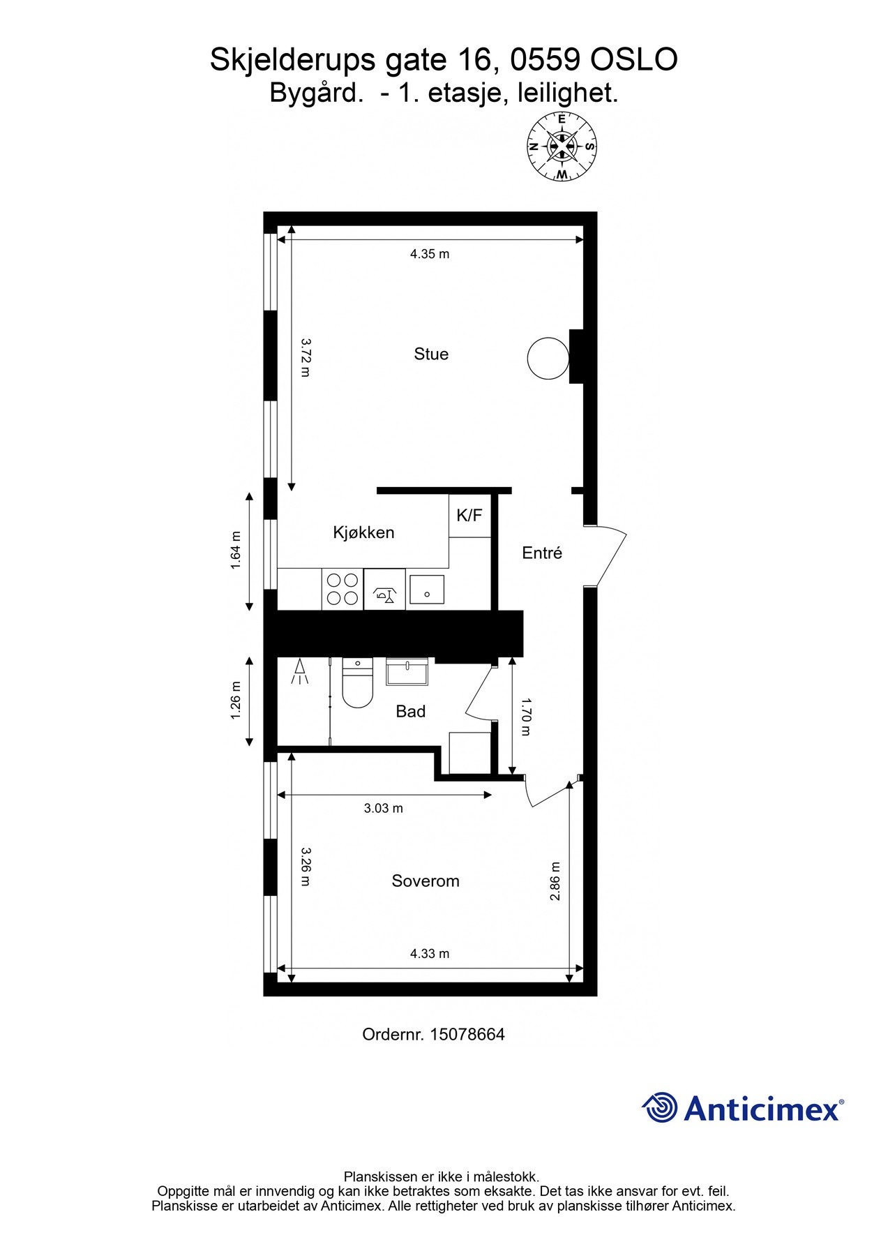 Plantegning. I tillegg disponerer leiligheten en kjellerbod på 5m² og en loftsbod på ca. 5m². Galleribilde
