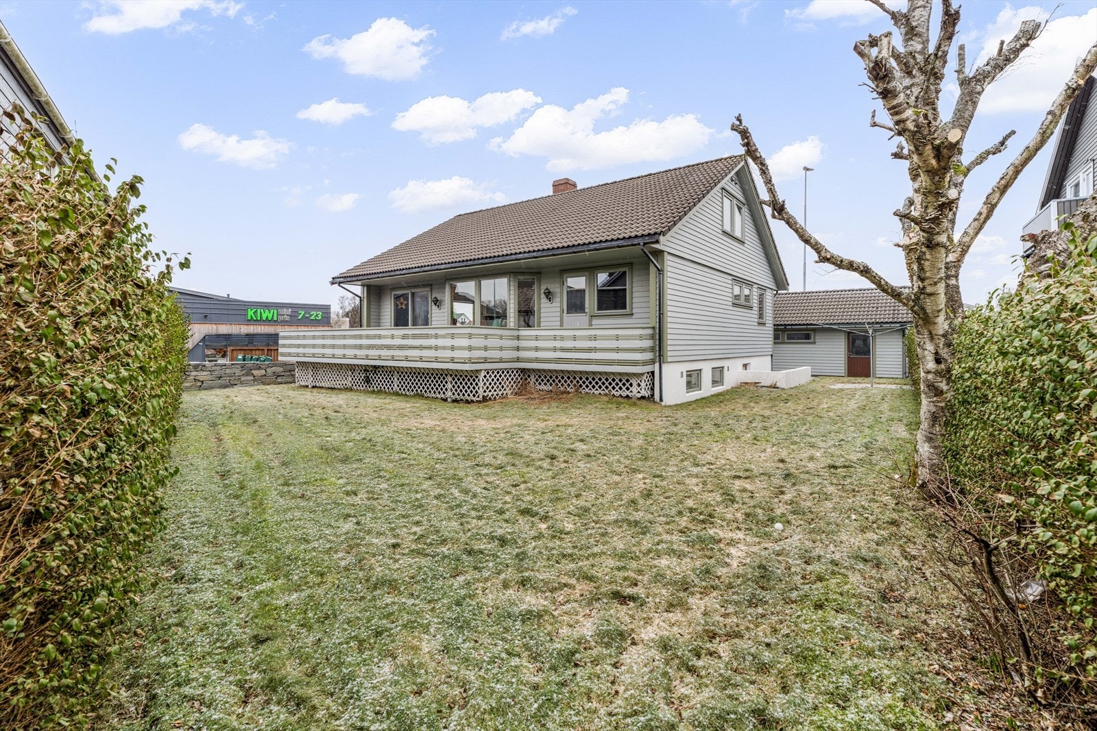 Stor tomt som er opparbeidet med plen og hekk Galleribilde