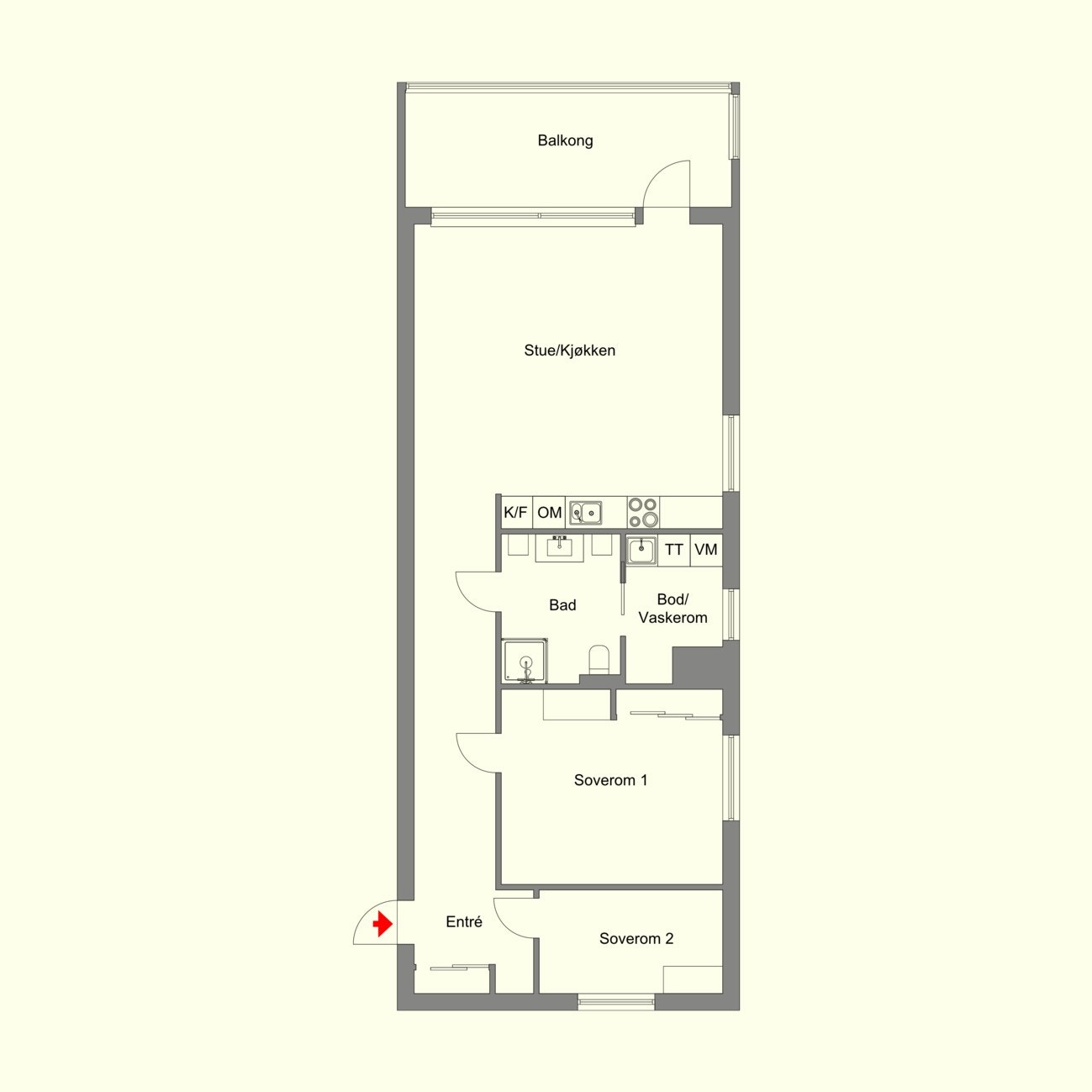 Leiligheten har en god planløsning med to soverom, bad, vaskerom, romslig entré og stue/kjøkken. Galleribilde