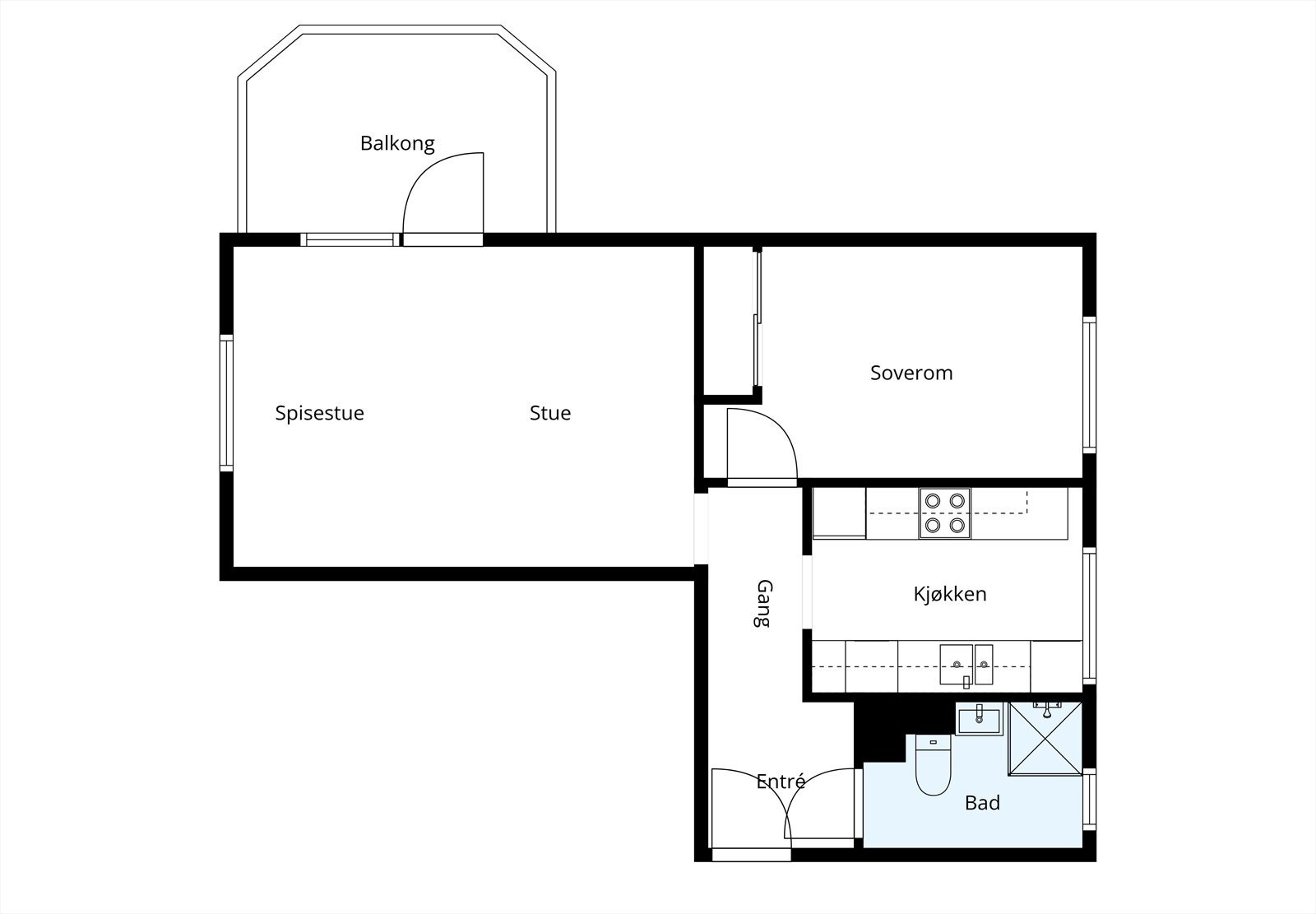 Leiligheten har en arealeffektiv planløsning som fordeler 51 m² på entré, stue, kjøkken, bad og soverom. Galleribilde