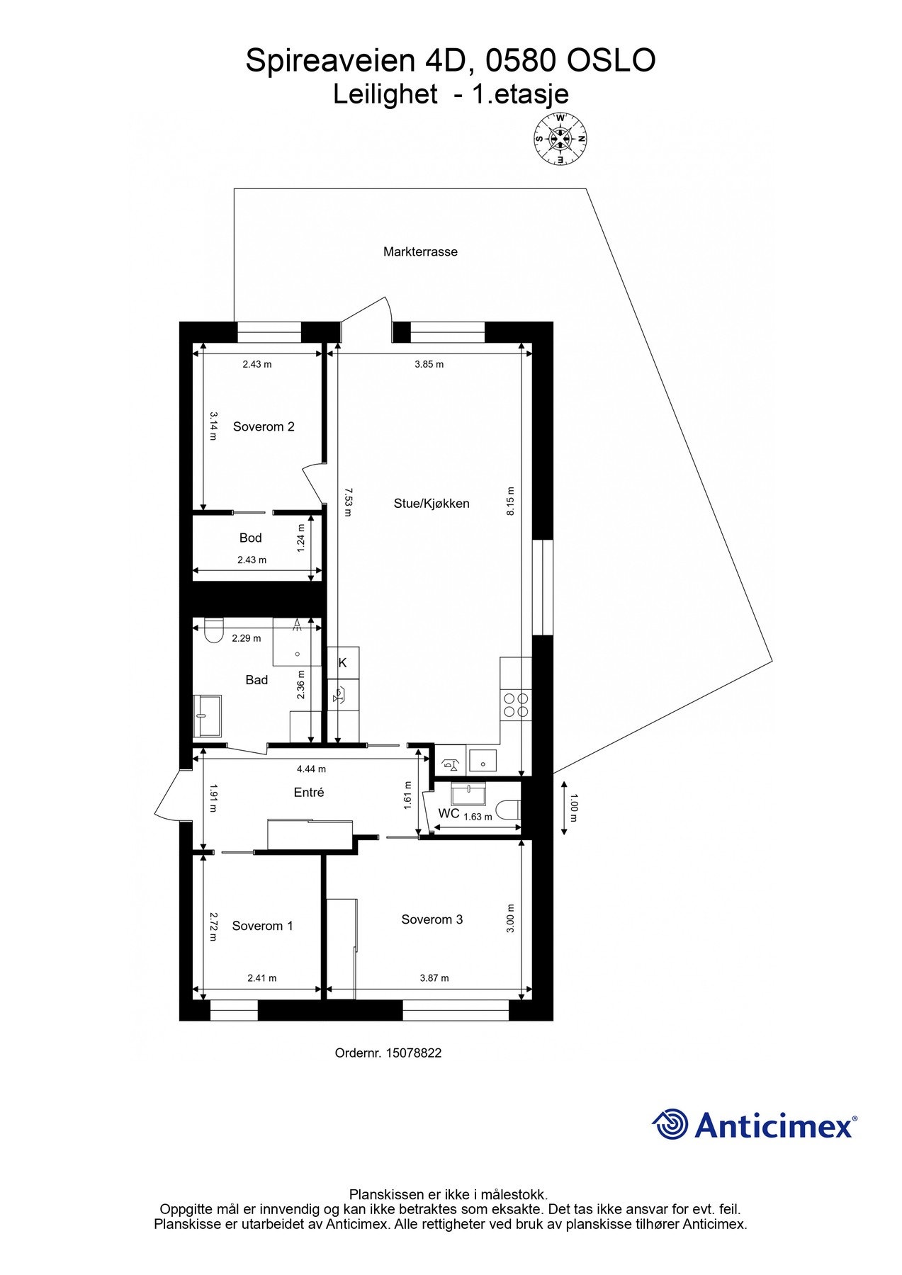 Boligen består av en entré, ett bad, ett toalettrom, stue/kjøkken, en bod,
tre soverom og en stor markterrasse. Galleribilde