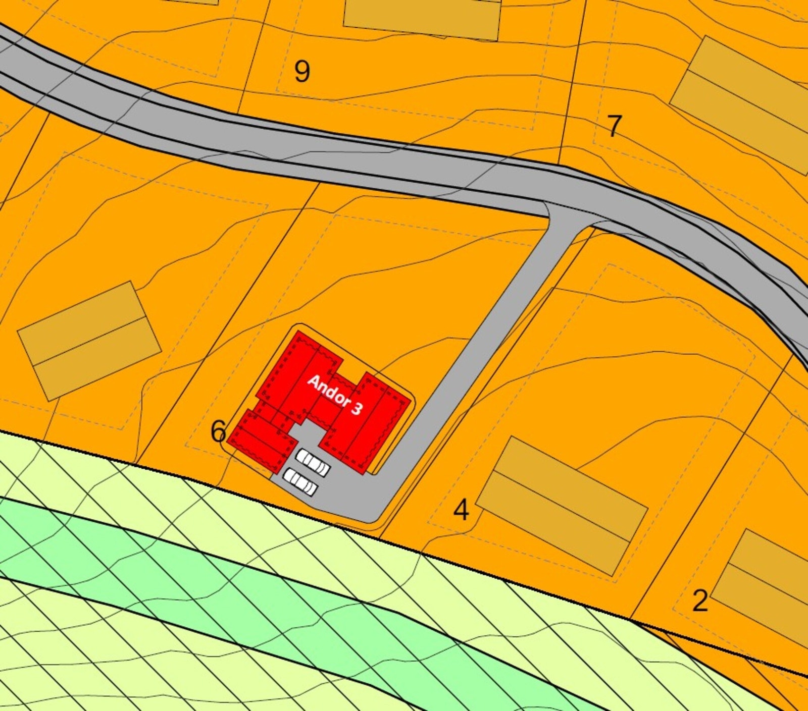 Situasjonsplan med forslag til hytte plassert på tomt 6. Galleribilde