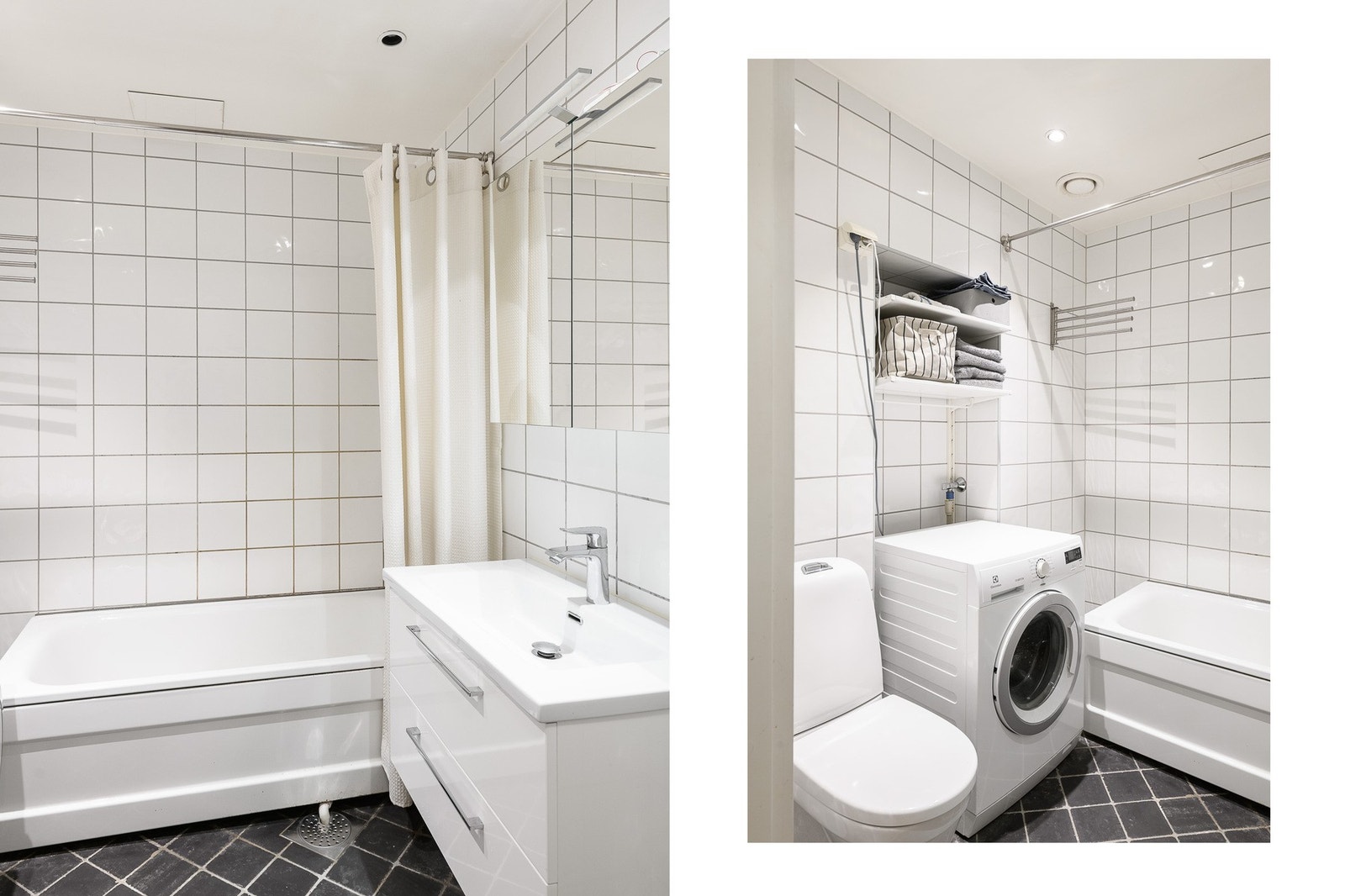 Delikat bad fra 2006 med badekar og opplegg for vaskemaskin. Galleribilde