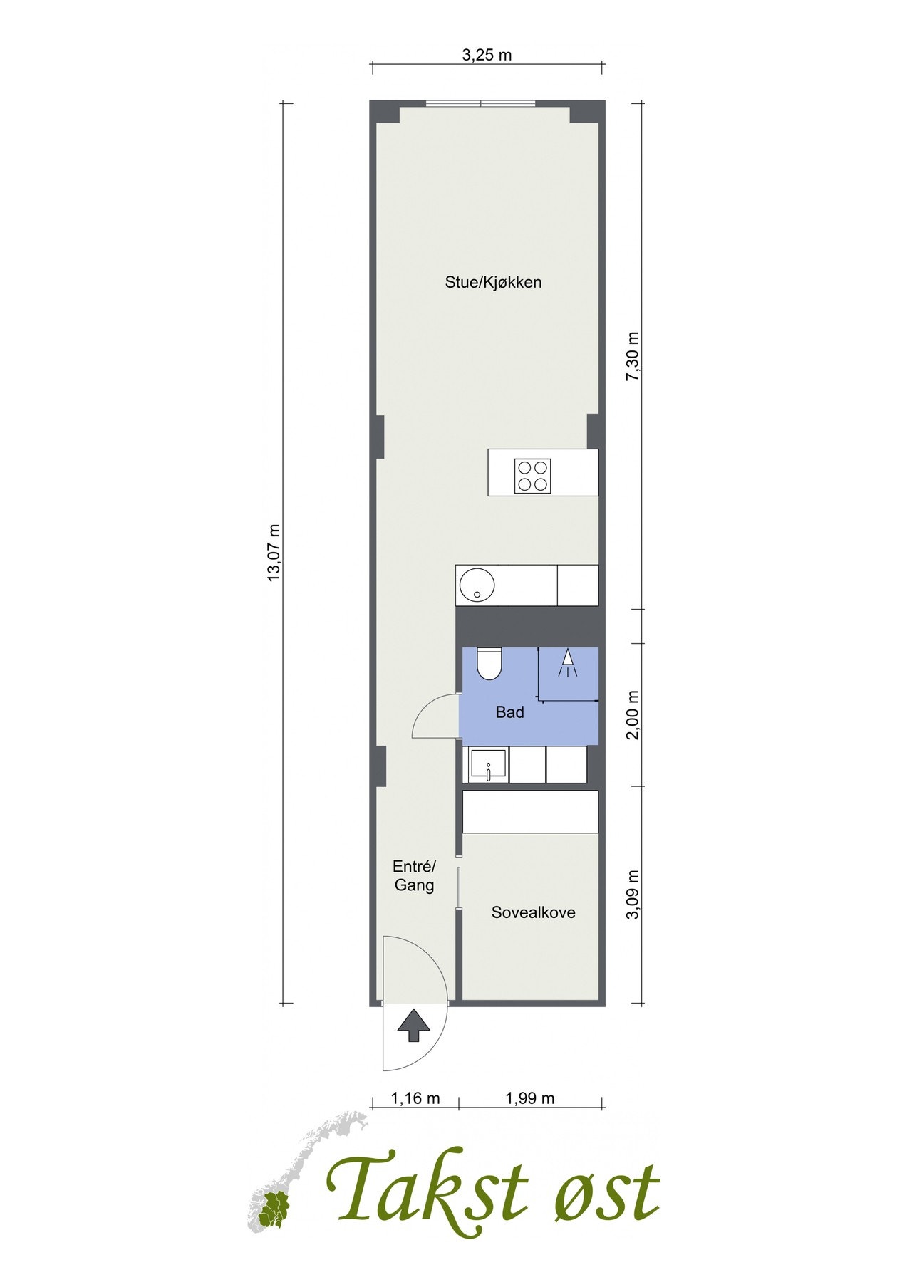 Plantegning. I tillegg disponerer leiligheten en kjellerbod på 2,4 kvm. Galleribilde