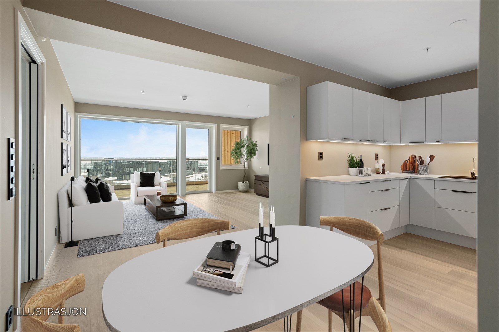 Illustrasjonsbilde - Meget god planløsning med skjermet kjøkkenløsning. Galleribilde