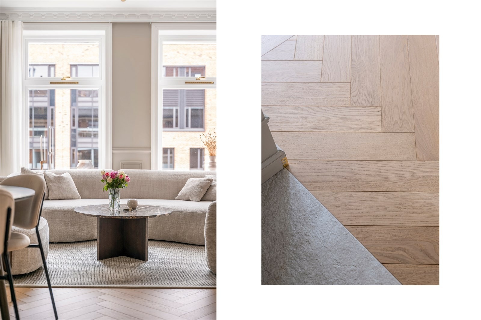 Stuen har gjennomgående fiskebensparkett med gulvvarme. Galleribilde