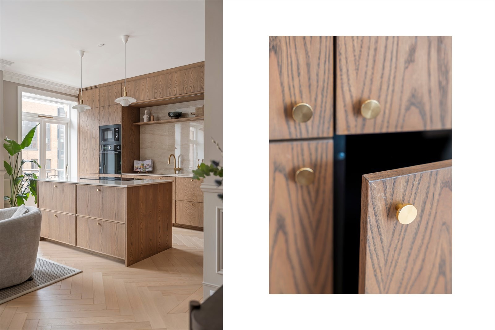 Boligens sosiale sone er en åpen og lys løsning hvor stue og kjøkken er slått sammen. Det er smarte og gjennomtenkte løsninger med plass for vaskemaskin i kjøkkenskap. Ferdigattest foreligger for åpning i bærevegg og montering av drager (desember 2025). Galleribilde