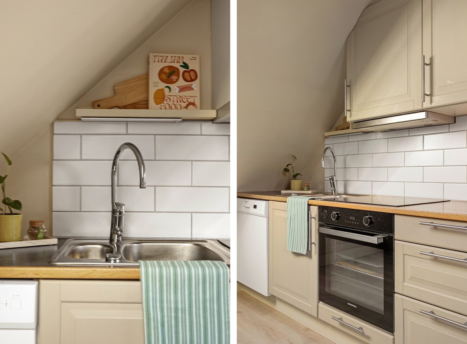 Integrerte hvitevarer inkluderer stekeovn, platetopp og ventilator. Det er i tillegg opplegg og plass for kjøleskap og oppvaskmaskin. Galleribilde