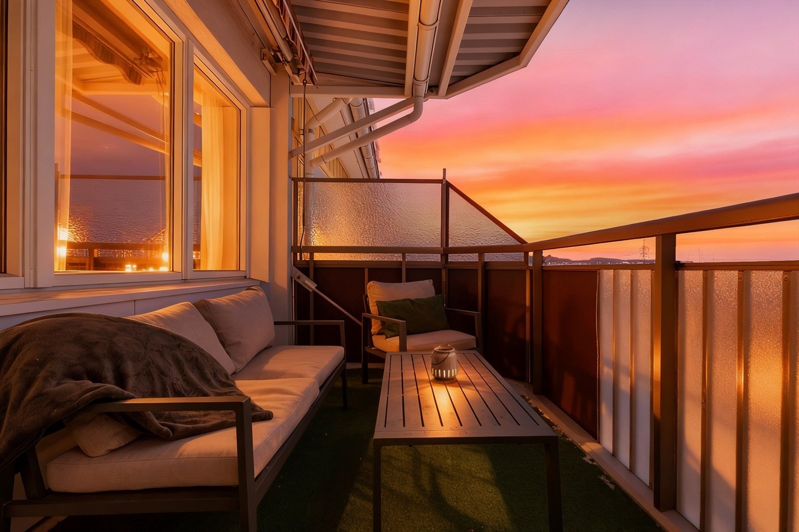 Det er lav bebyggelse rundt som gjør at denne kan nytes som en luftig og usjenert uteplass. Galleribilde