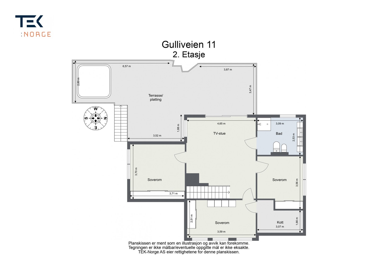 Andre etasje med TV-stue, bad, tre soverom, kott og stor terrasse/platting. Galleribilde