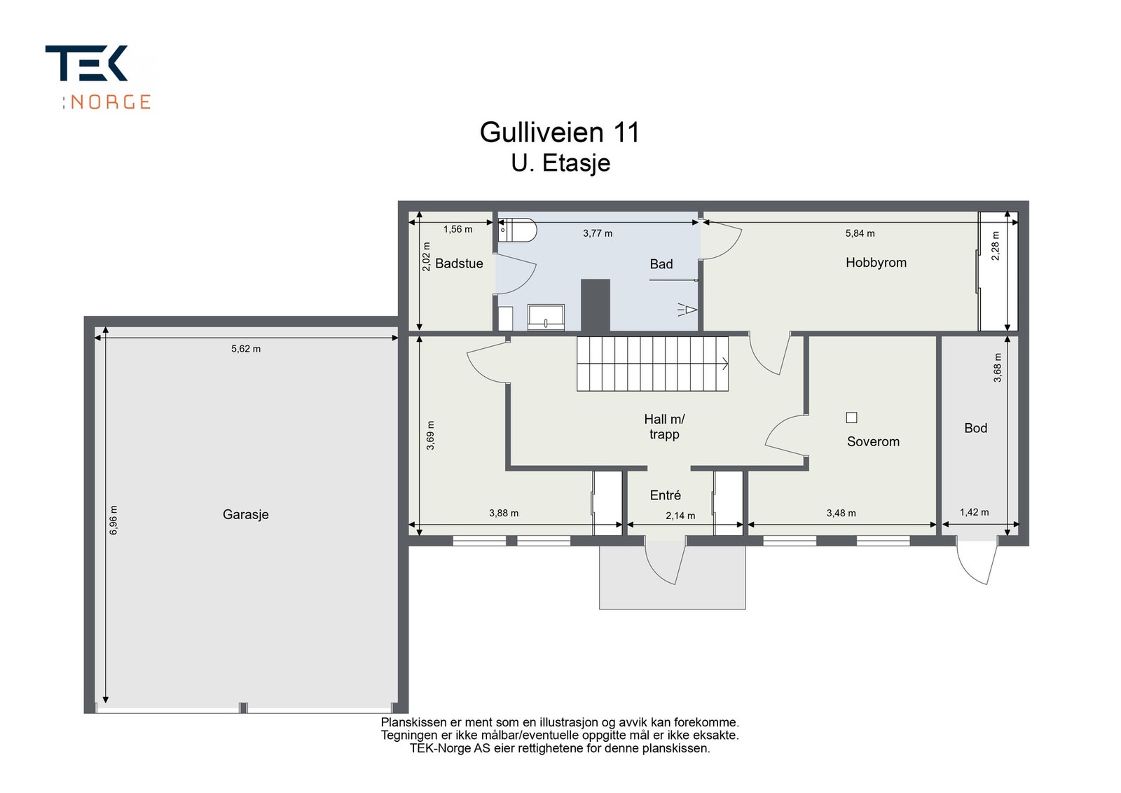 Underetasjen har badstue, bad, hobbyrom, 2 soverom, bod, hall med trapp, entré og garasje. Galleribilde