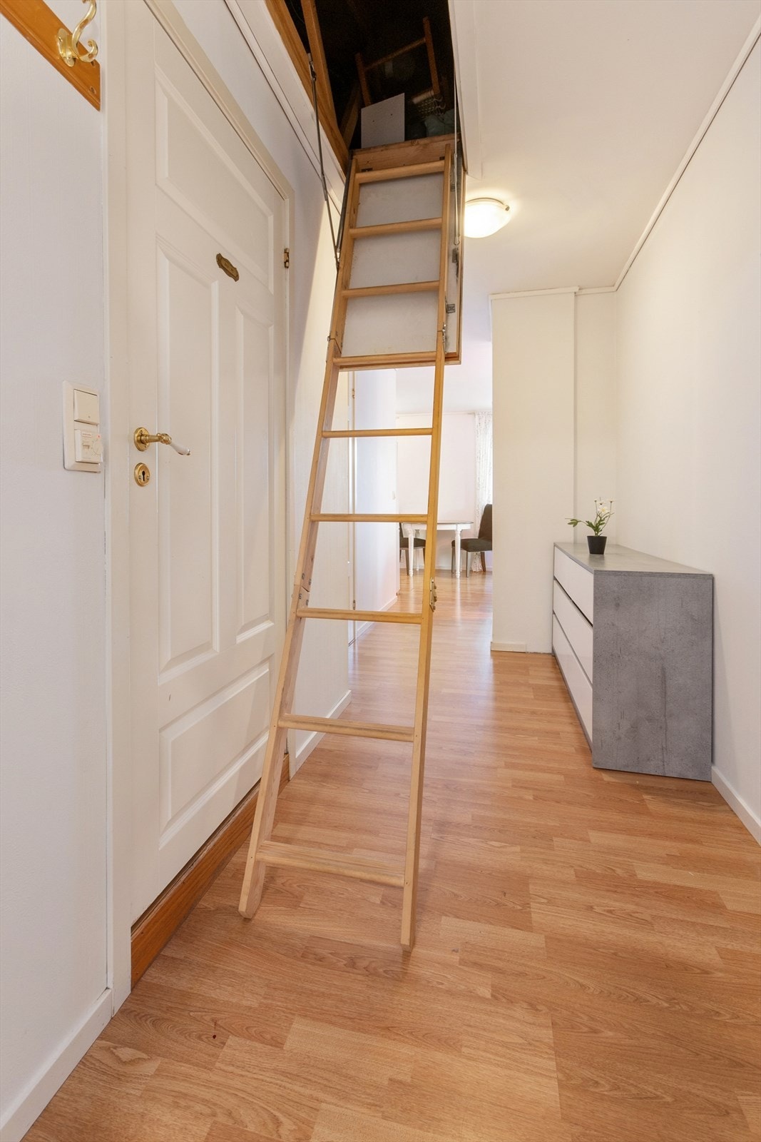 Praktisk loftsluke med stige gir enkel tilgang til ekstra oppbevaringsplass. Galleribilde