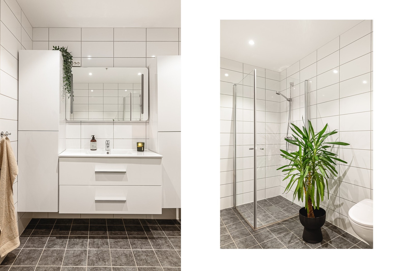 Badet inneholder innredning med servant, toalett, dusjhjørne, speil og belysning Galleribilde