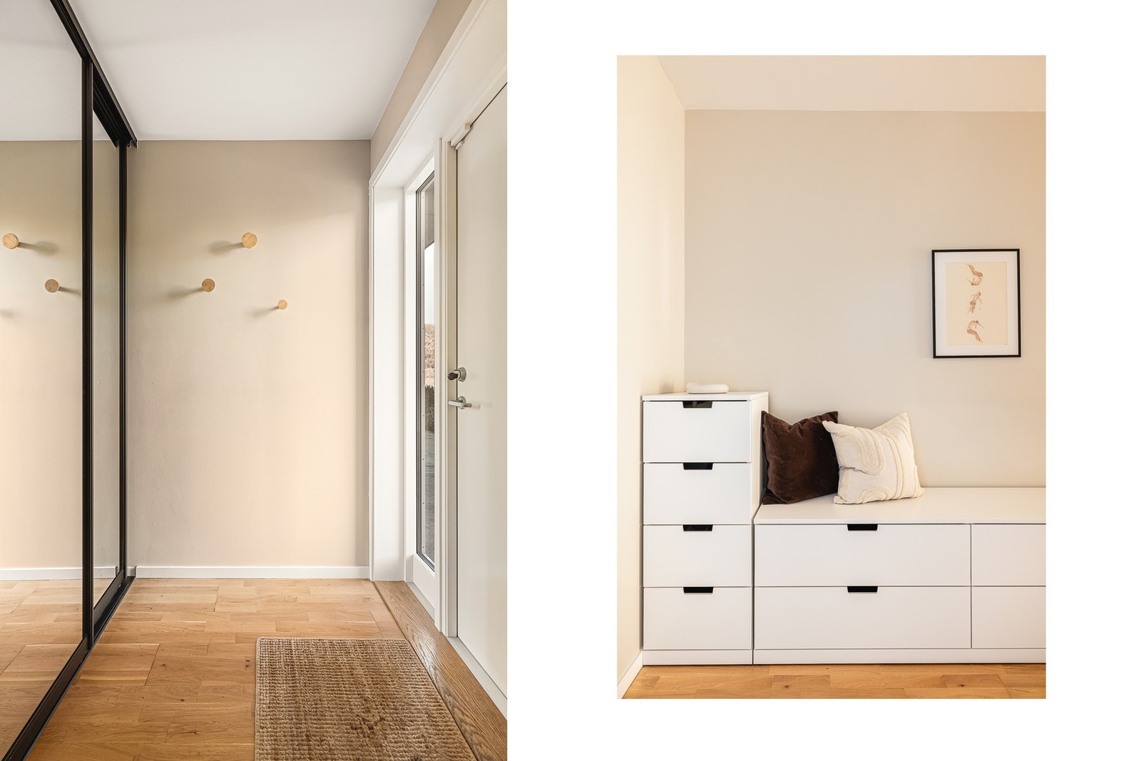 Lyst og pent inngangsparti med god plass til oppbevaring av sko og yttertøy. Her finner man en stor og praktisk skyvedørsgarderobe Galleribilde