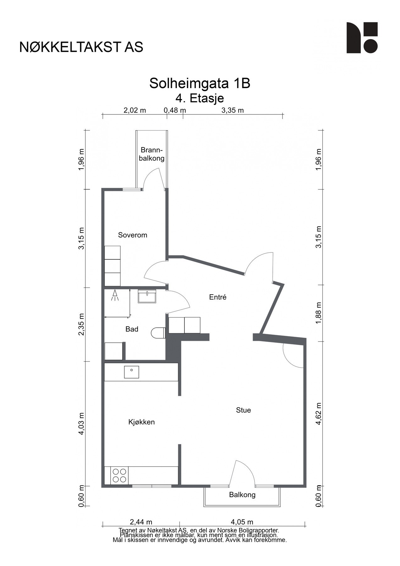 Planskisse Solheimgata 1B, 4 etg, BRA-i 50 kvm: Entré med plassbygde skap, stue med utgang til balkong, kjøkken fra Huseby, soverom og baderom. To boder på totalt 8,2 kvm gulvareal. Galleribilde