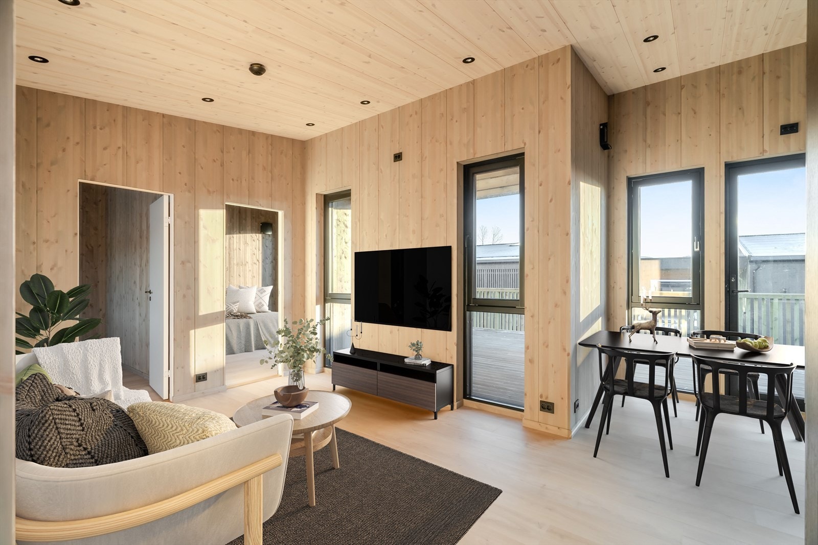 Splitter ny enebolig med generøs takhøyde. Det er gjennomgående spotter i tak. Galleribilde