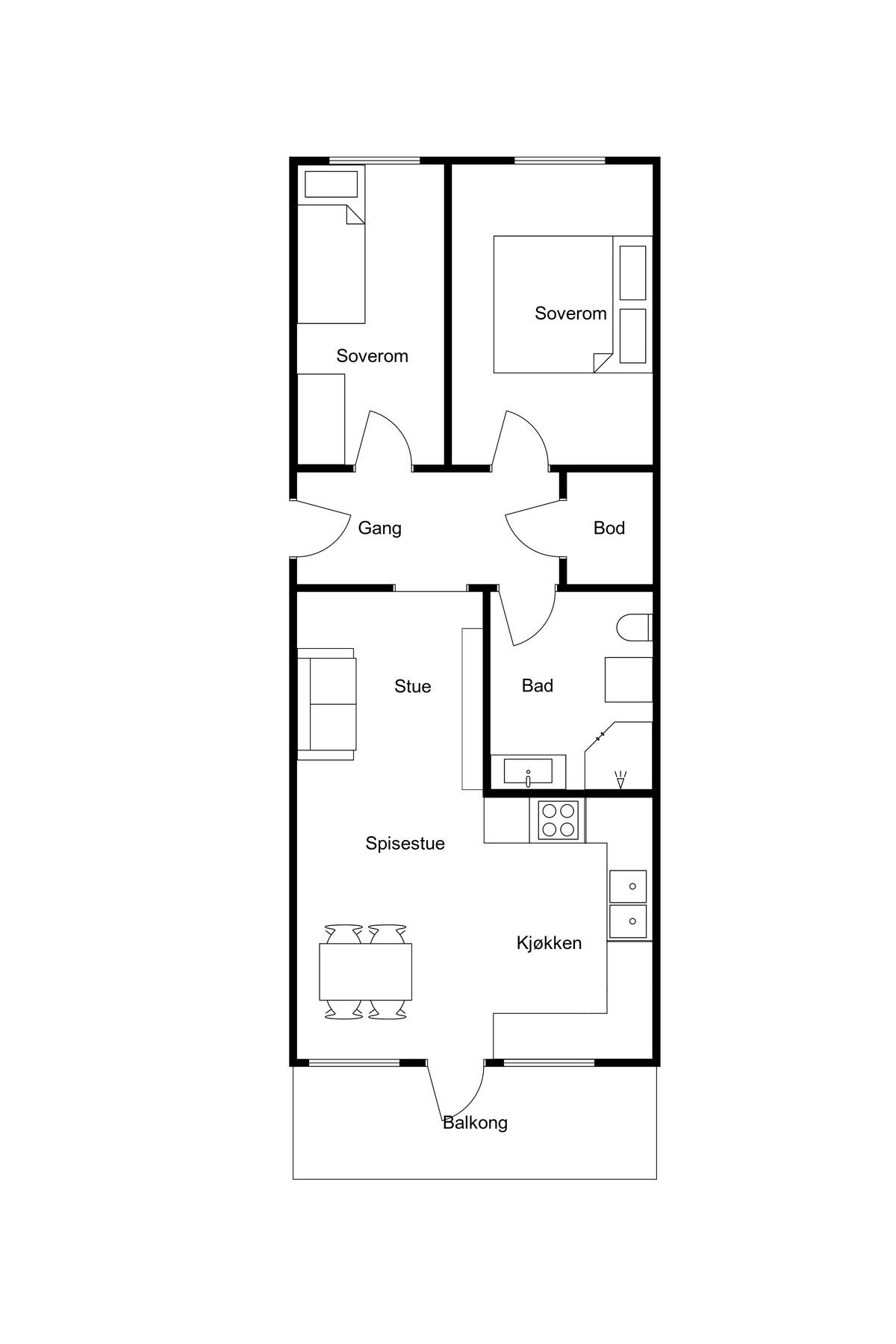 Leiligheten har to soverom, stue, kjøkken med spisestue, bad, bod, gang og balkong. Galleribilde