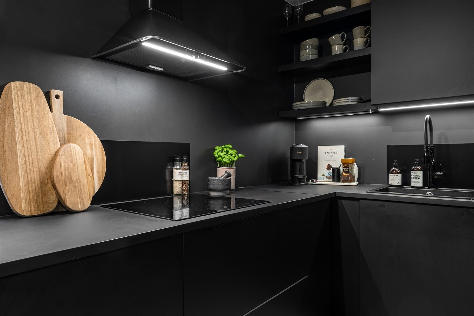 Kjøkkenet er velutstyrt med integrert platetopp med induksjon, stekeovn, micro, oppvaskmaskin og kjøleskap med frysedel. Galleribilde