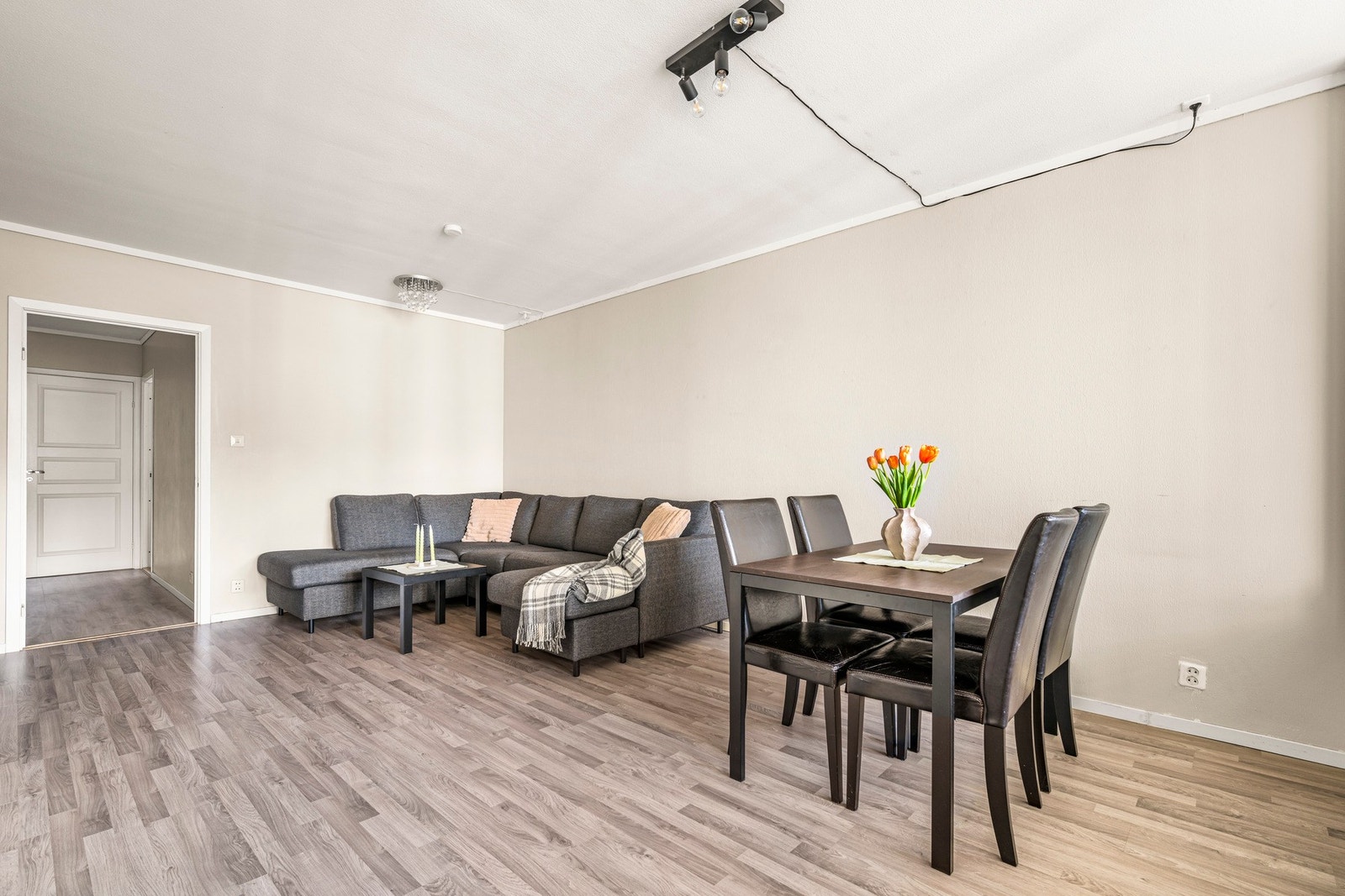 Vi tar turen inn til leilighetens stue på 21,9 kvm. Galleribilde