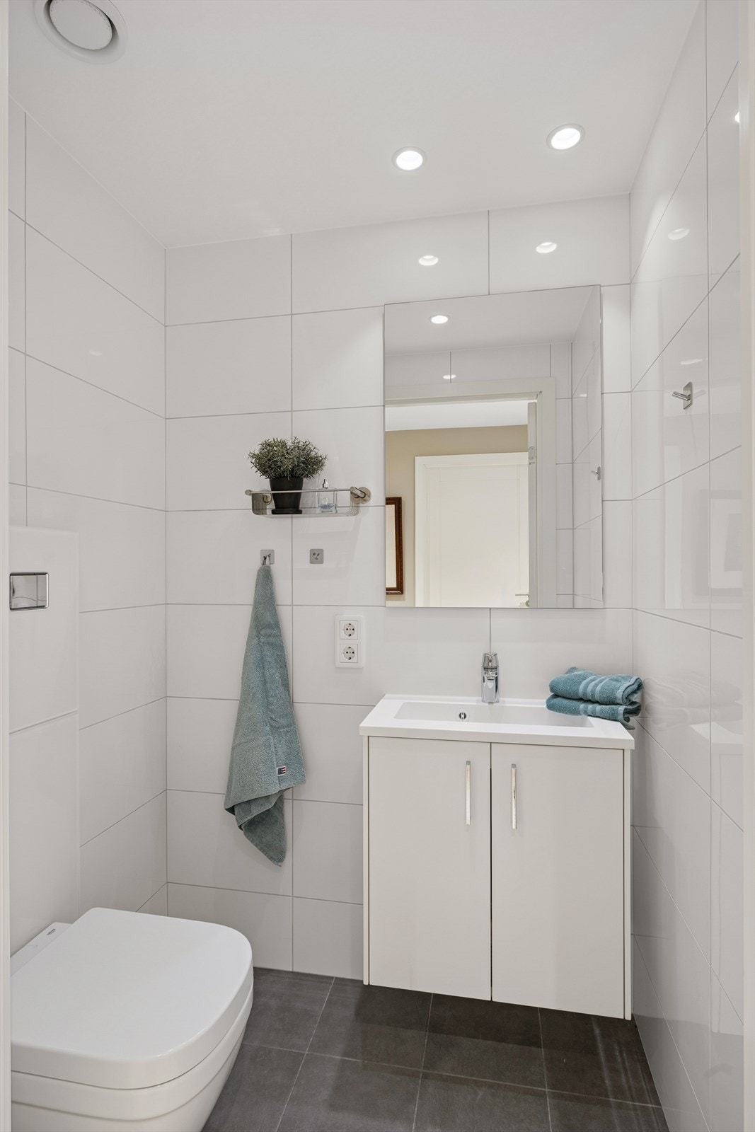 Videre byr leiligheten på et toalettrom med vegghengt wc og servant. Galleribilde