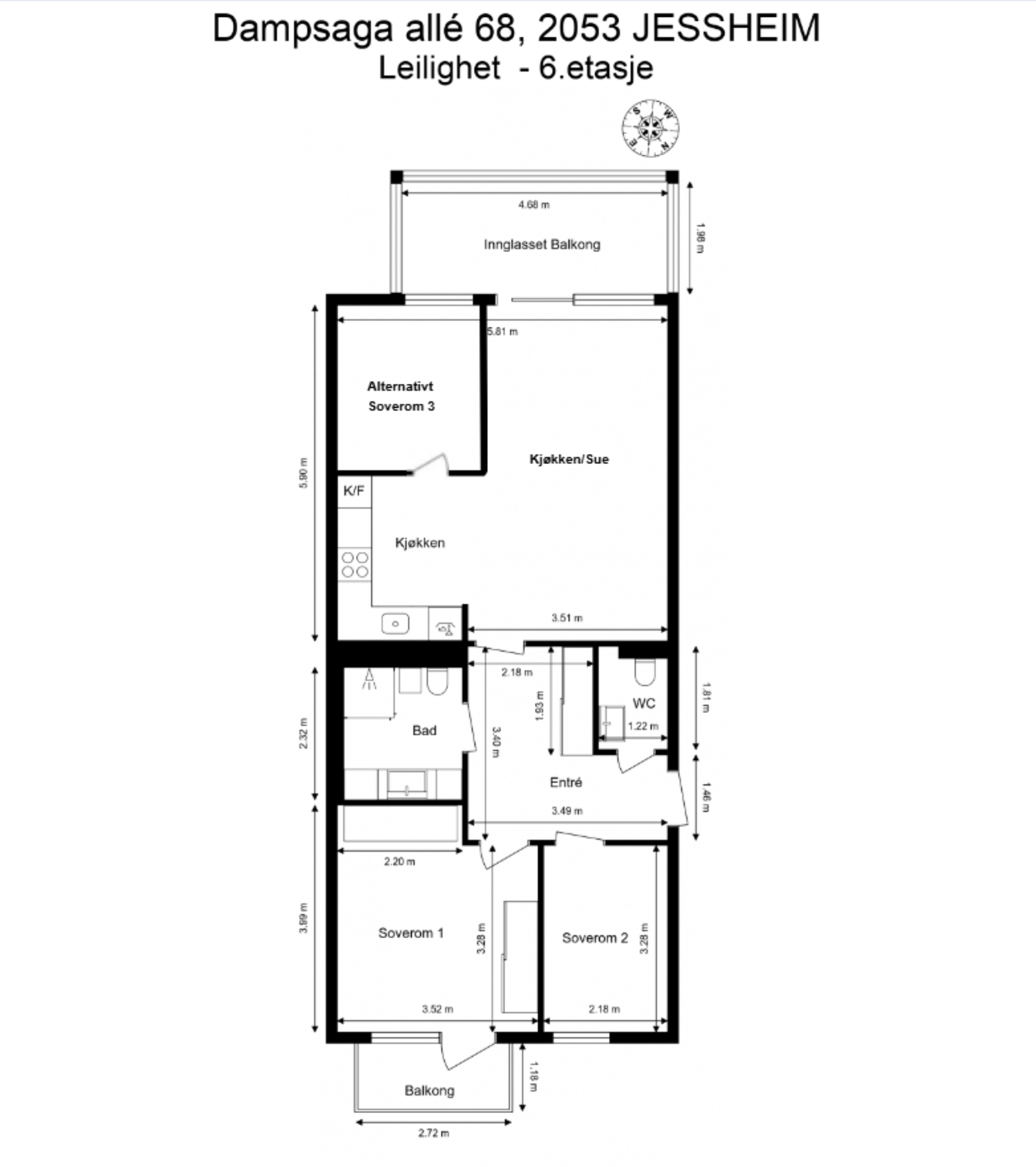 Alternativ plantegning. Ved behov kan det etableres et soverom 3 i stuen. Galleribilde