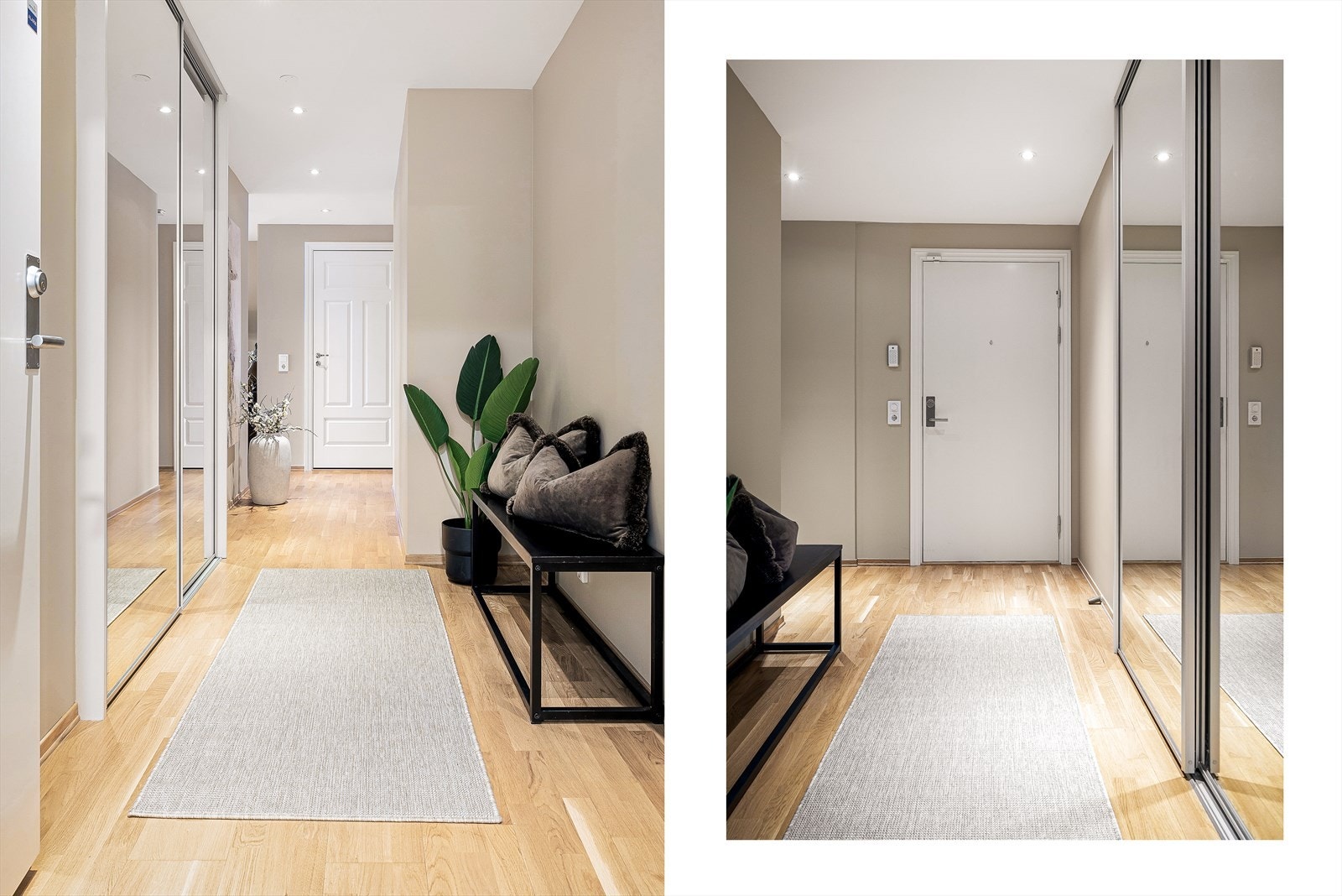 Lys og innbydende entré med praktisk skyvedørsgarderobe og godt med plass til å henge fra seg yttertøy. Galleribilde