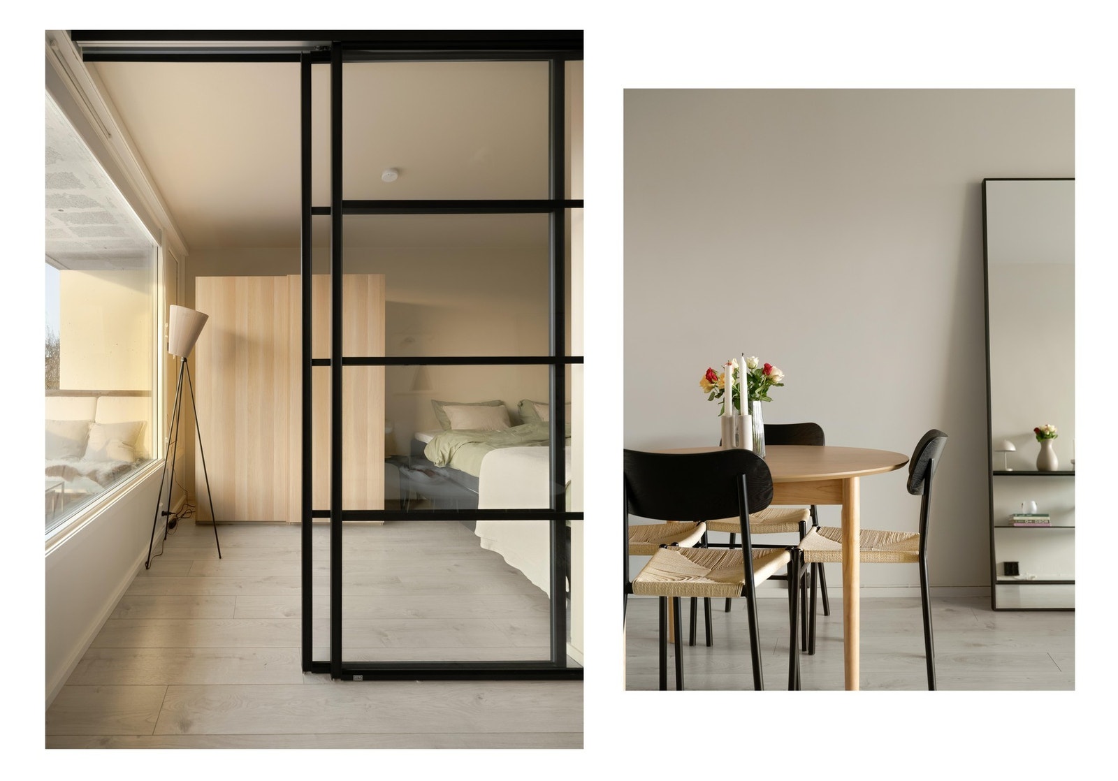 Flotte skyvedører i glass skiller mellom stuen og soverommet. Galleribilde