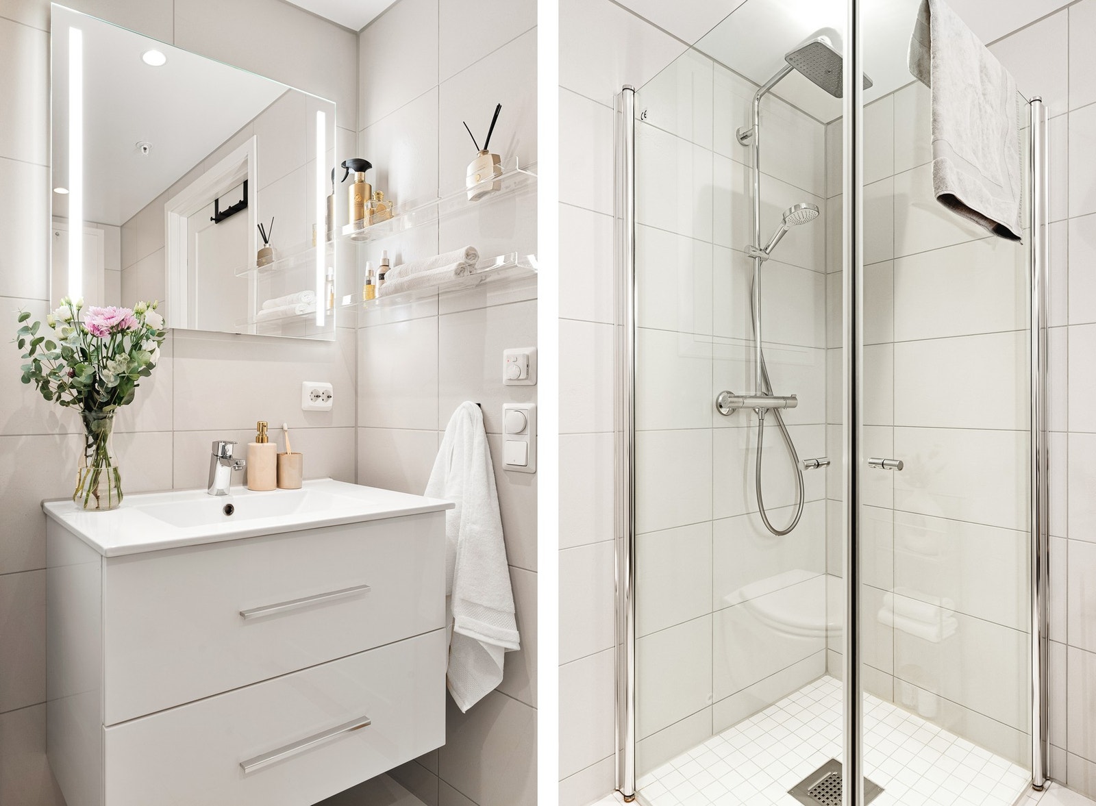 Helfliset bad på 4,3 kvm med innfelte downlights og varmekabler i gulv. Galleribilde