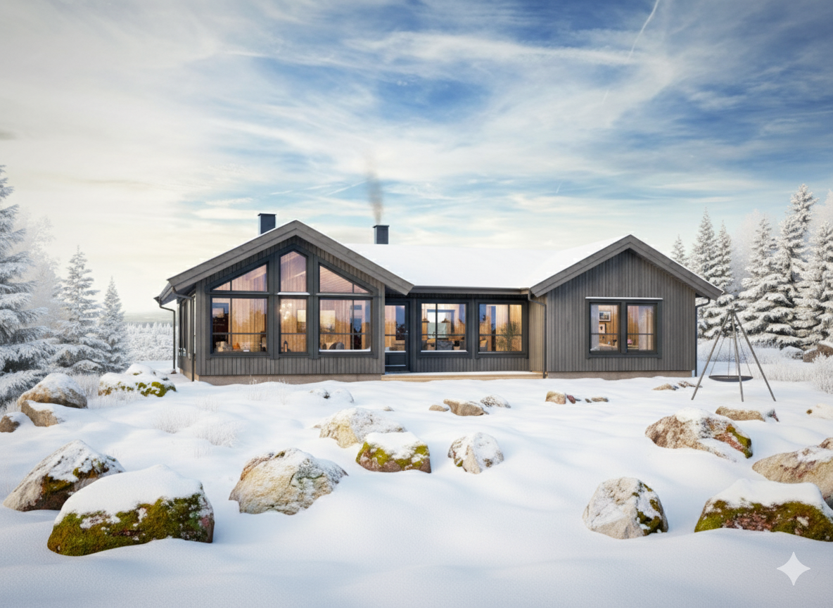 3D illustrasjon fasade, av planlagt bygget hytte, modell Heimdall 100 fra Berge Hytta. Det tas forbehold om at materialvalg og farger vil avvike fra planlagt bygget hytte. Galleribilde