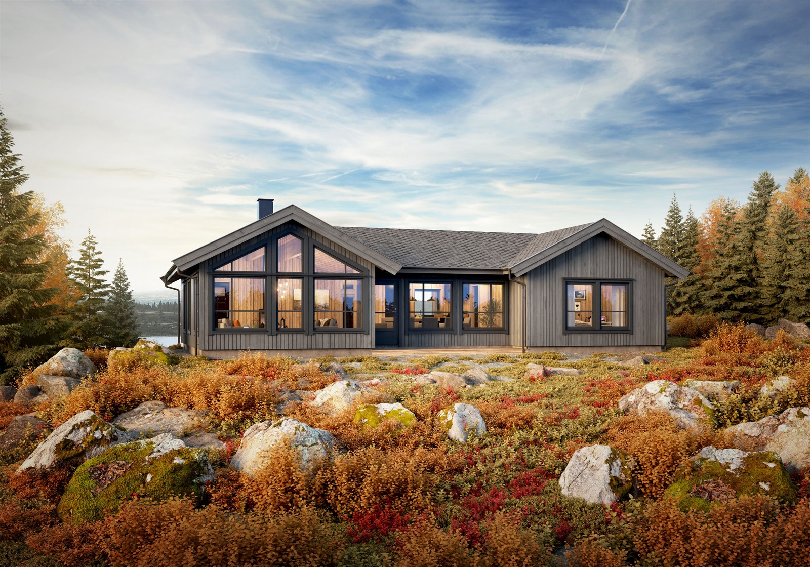 3D illustrasjon fasade, av planlagt bygget hytte, modell Heimdall 100 fra Berge Hytta. Det tas forbehold om at materialvalg og farger vil avvike fra planlagt bygget hytte. Galleribilde