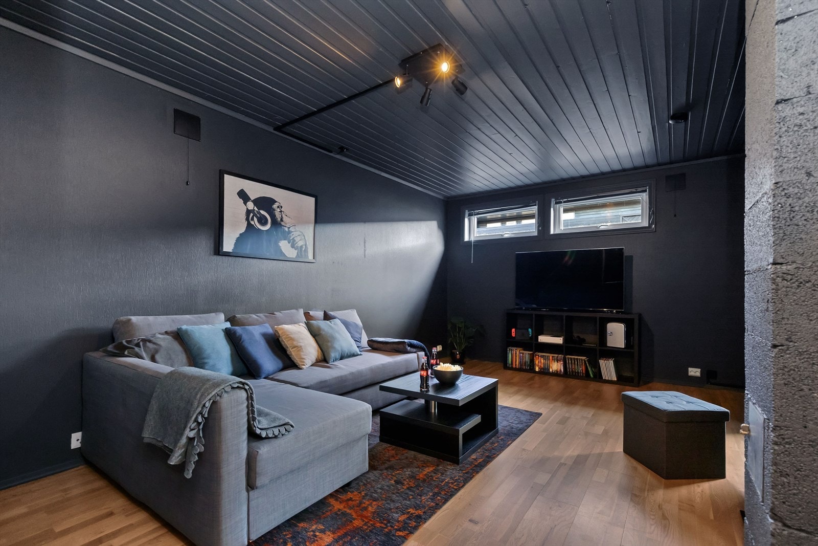 Kjellerstue med plass til sofagruppe, tv og boltreplass til å leke. Galleribilde