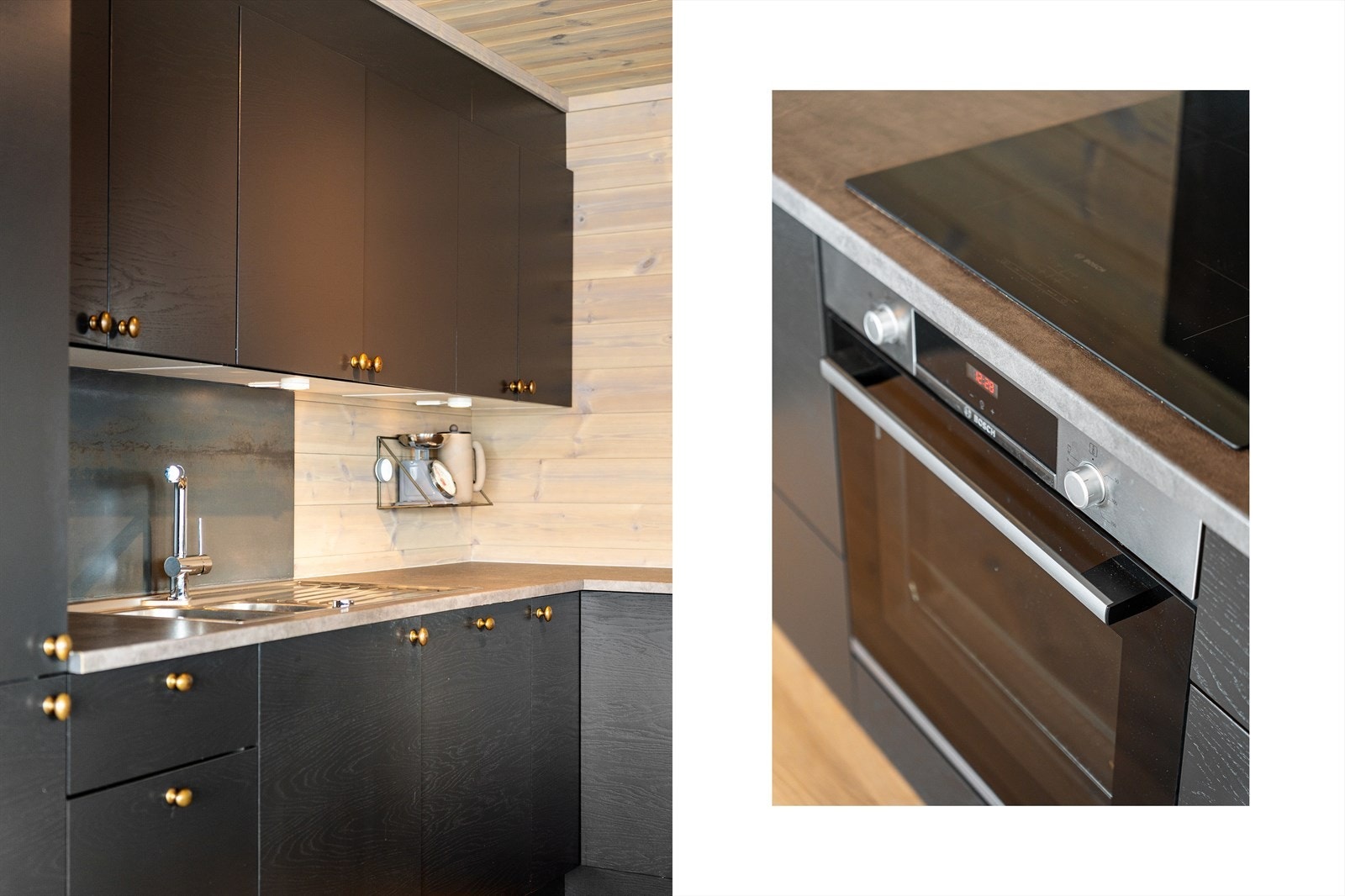 Det delikate kjøkkenet har integrerte hvitevarer: Oppvaskmaskin, koketopp, stekeovn og kjøl/frys. Galleribilde