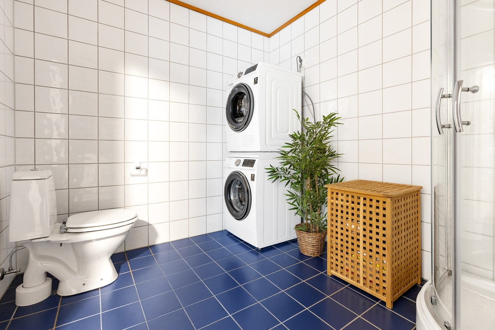 Rommet er utstyrt med dusjkabinett, toalett og praktisk opplegg for vaskesøyle. Galleribilde