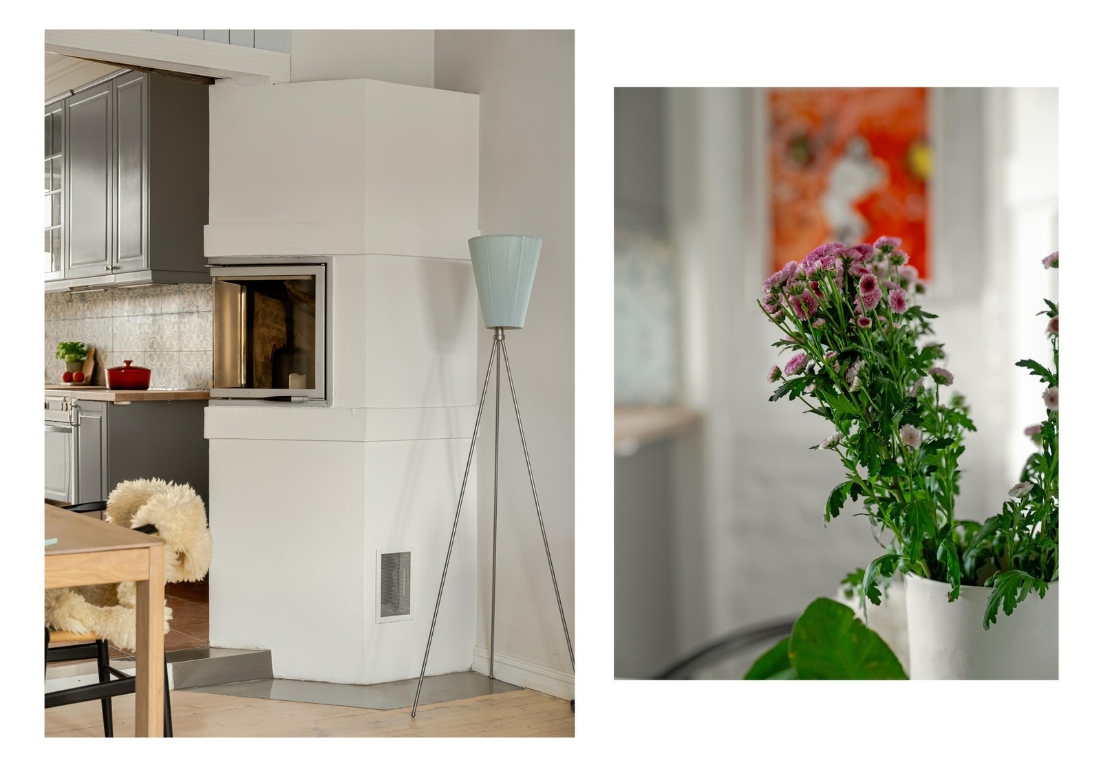 Den lune peisovnen kan sees fra både kjøkkenet og stuen, og varmer godt på de kaldeste høst- og vinterdagene. Galleribilde