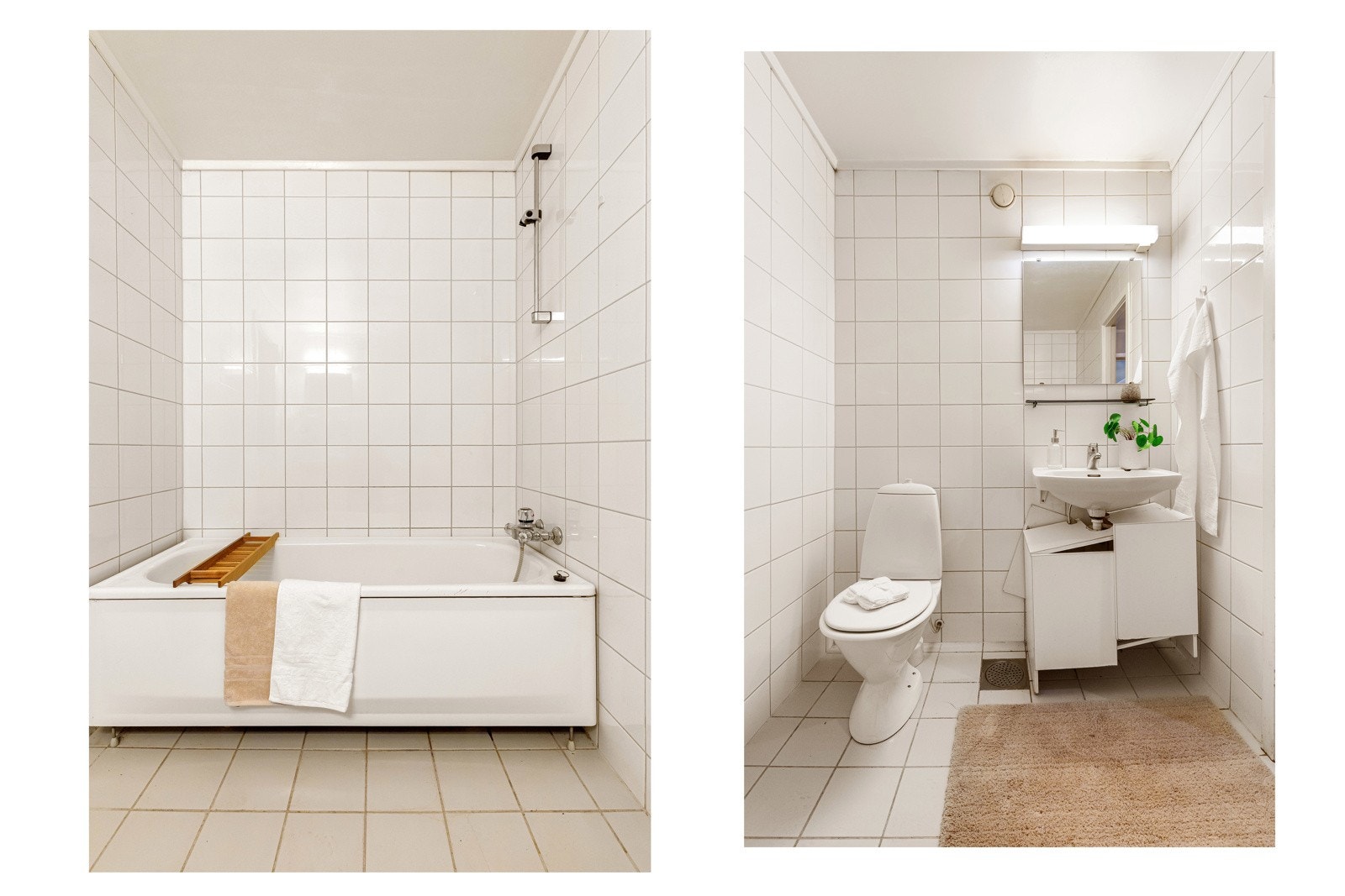Badet lislagt på gulv og vegger med lyse fliser og malt himling. Mekanisk avtrekk. Det er behov for totalrenovering av våtrommet Galleribilde