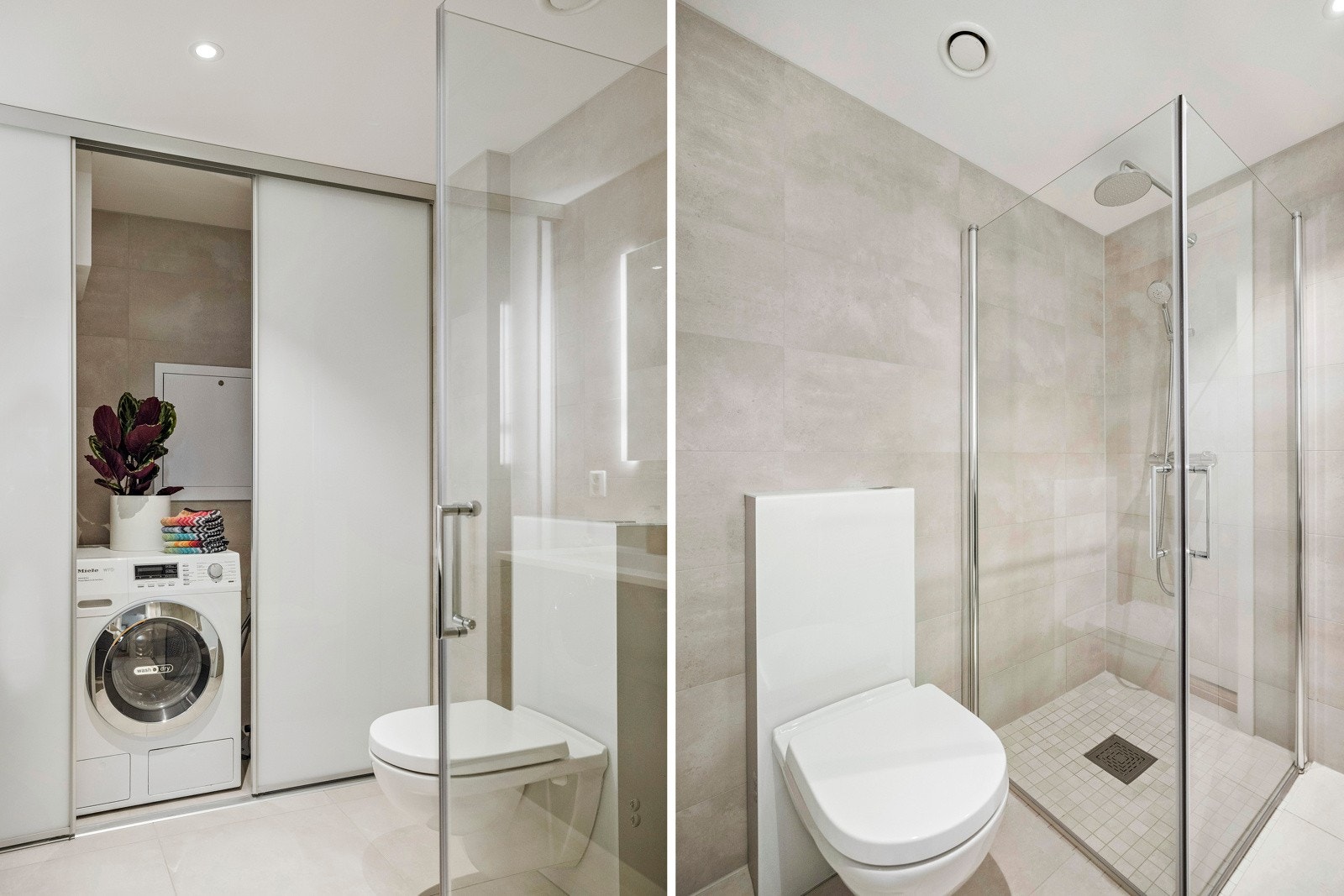 Skjult bak skyvedører har badet 200 liters bereder og opplegg for vaskemaskin. Galleribilde